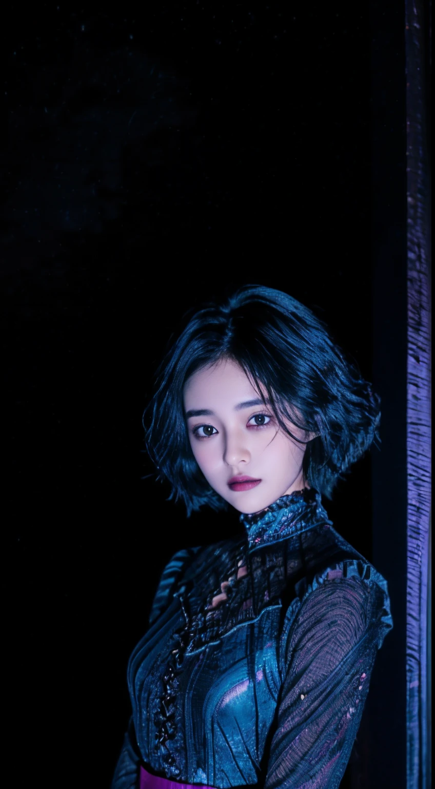 (RAW photo, Best quality), (Realistic, photo-realistic:1.2), 1girll, High quality, (highdetailskin:1.4), Puffy eyes, ornate hair,  Teal and purple cinematic lighting,(Dark room:1.3), (rim lit:1.3), (Dimly lit:1.3), (Dark night:1.3), Indoors, Portrait, Black hair, Dark background, Short hair,Light-colored clothes，Photo pose