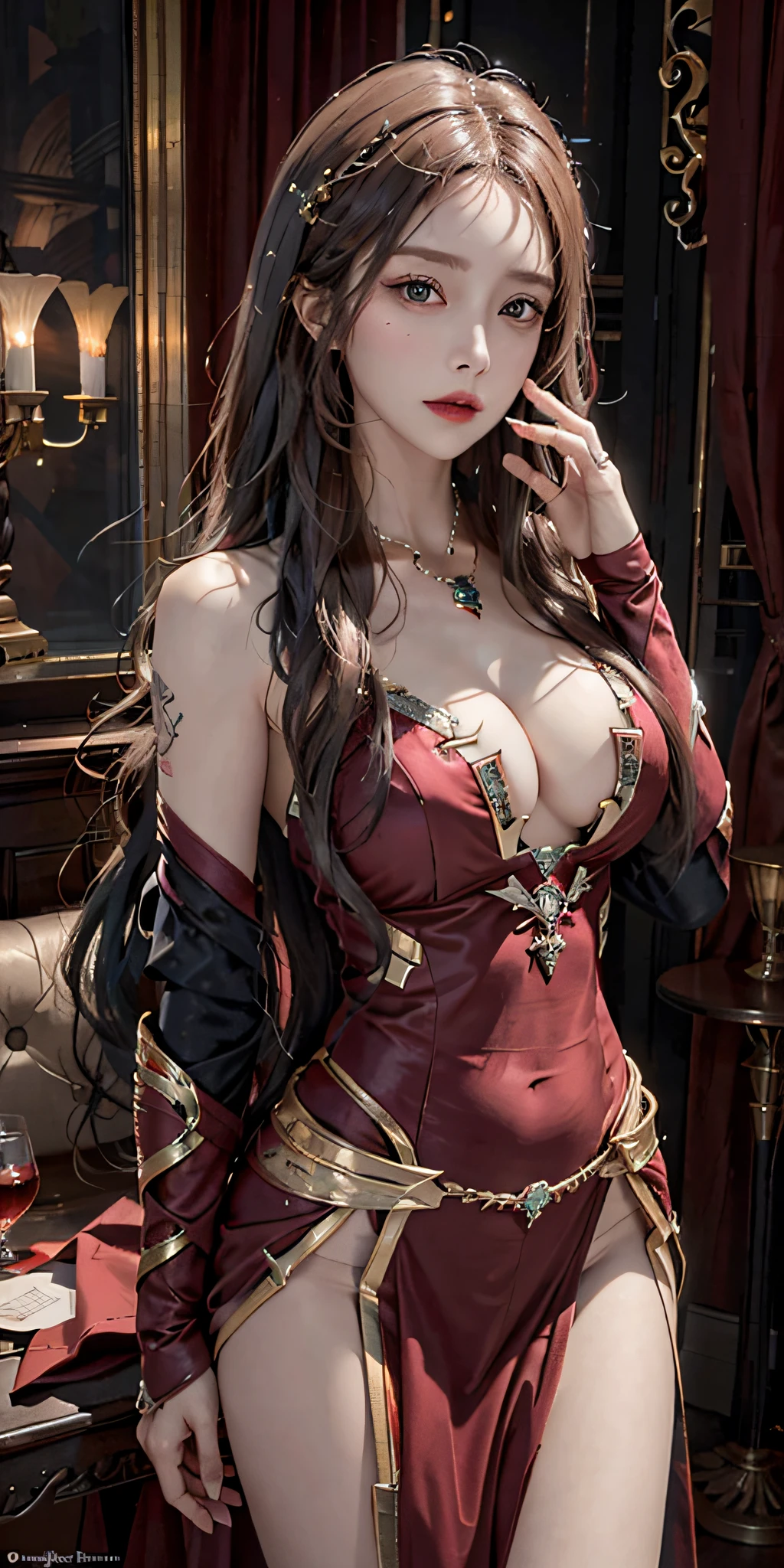 Photorealistic, high resolution, Soft light,1womanl, Solo, Hips up, (Detailed face), jewelry, scarlet witch costume, jewelry, tattoo