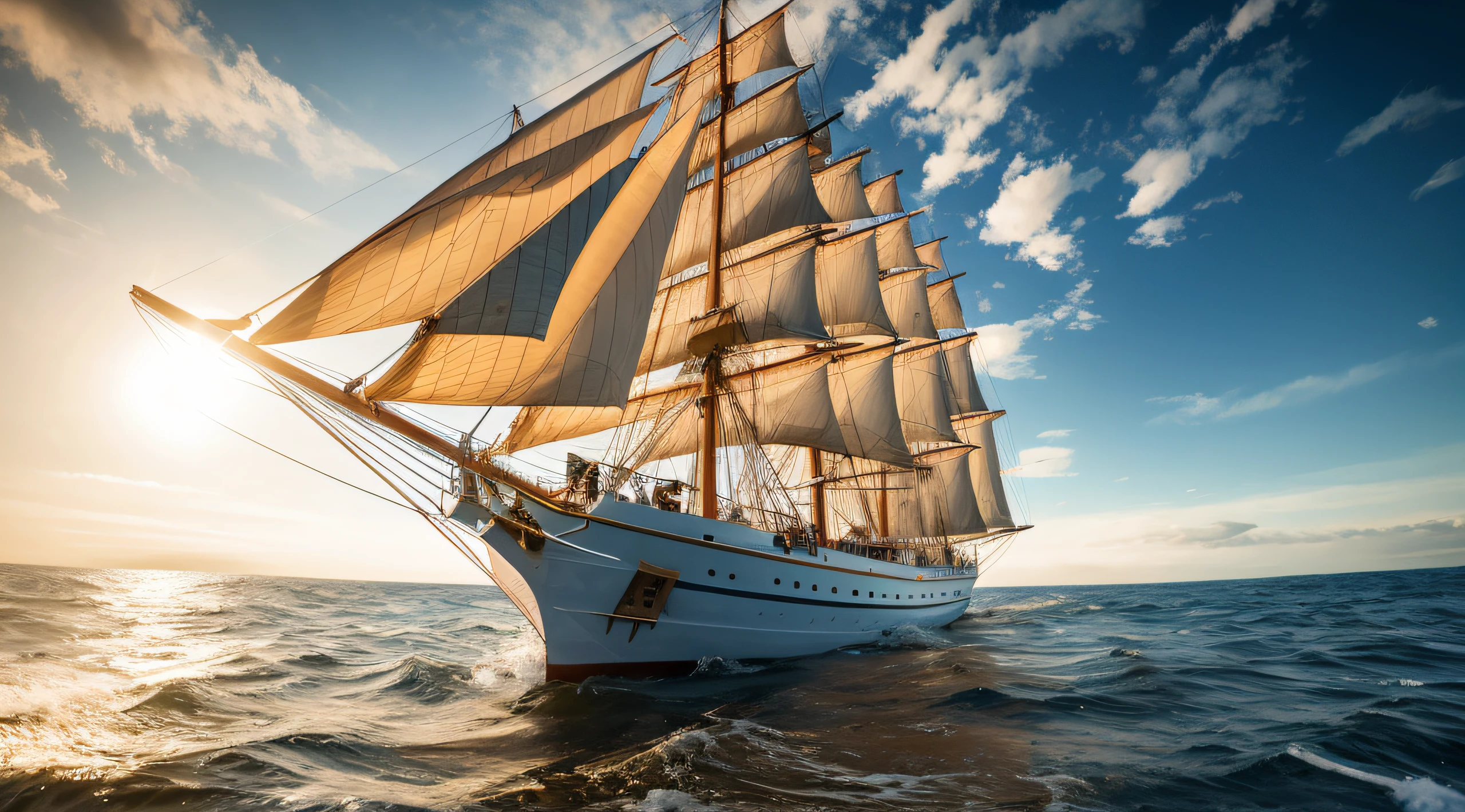 Arafede sailing in the ocean at sunset, Haiyun, Sail ships, White Sea Cloud, Sail ships, sails, ship at sea, ships with sails, ships with sails underneath, maritime, Sail, sails、Masts and rigging, On the deck of a sailing ship, Set sail, The Titanic sailed nearby, torn sails, author:Daniel Ljunggren