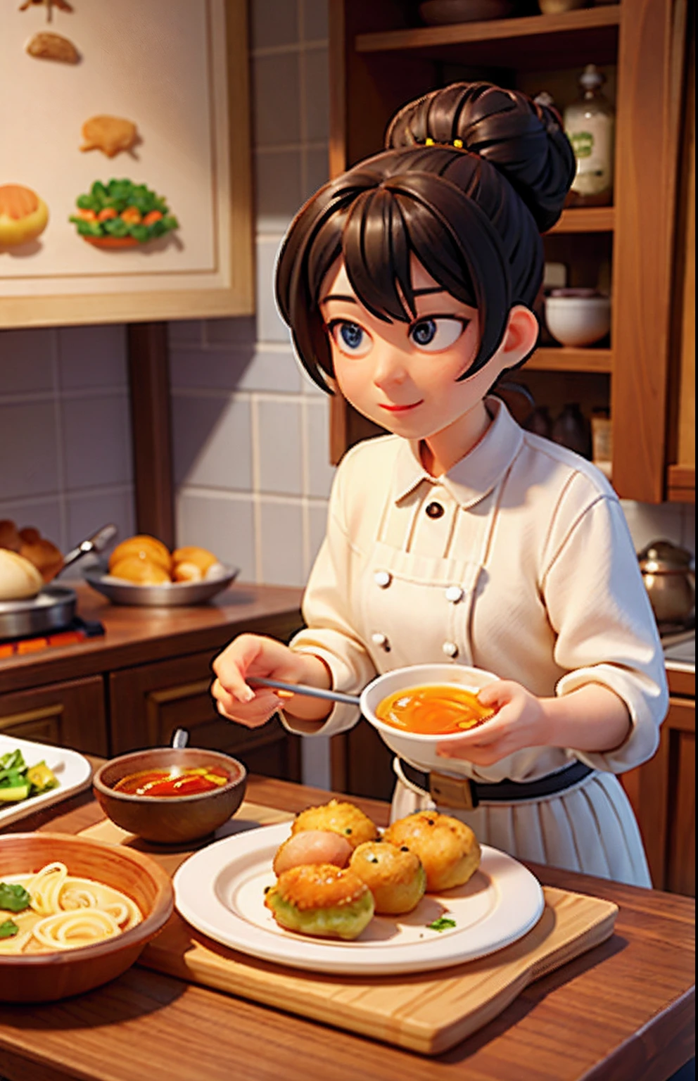 black color hair、Work board(Homemade condiments)、Sauté vegetables、Cooked meat/The fish、Seasonal snacks、Vegetable platter、Bun dumplings、Hot or cold soup(Add the half-boiled eggs、Seasoning oil、Frying bread cubes、condiments......) , Jam with bread、Braised fish、Croquettes(Verdure、Purees、Meat)、Hot noodle soup(Minutes to cook)、Stew、natural soft light、Old cutlery、Old ceramic French plate,putting on a wooden desk