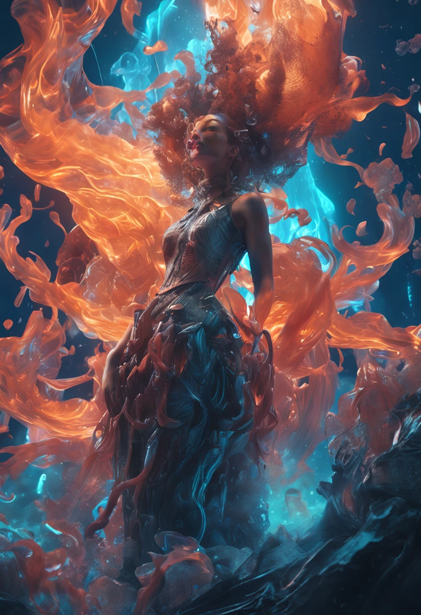 ModelShoot style, (Extremely detailed Cg Unity 8K wallpaper), A chaotic storm of intricate liquid smoke in the head, Stylized beautiful full-length abstract portrait, wetted skin, author：Petros Afshar, ross tran, tom whalen, Peter Mohrbacher, Art germ, Broken glass, ((bubbly underwater scenery)) Radiant light octane rendering is highly detailed