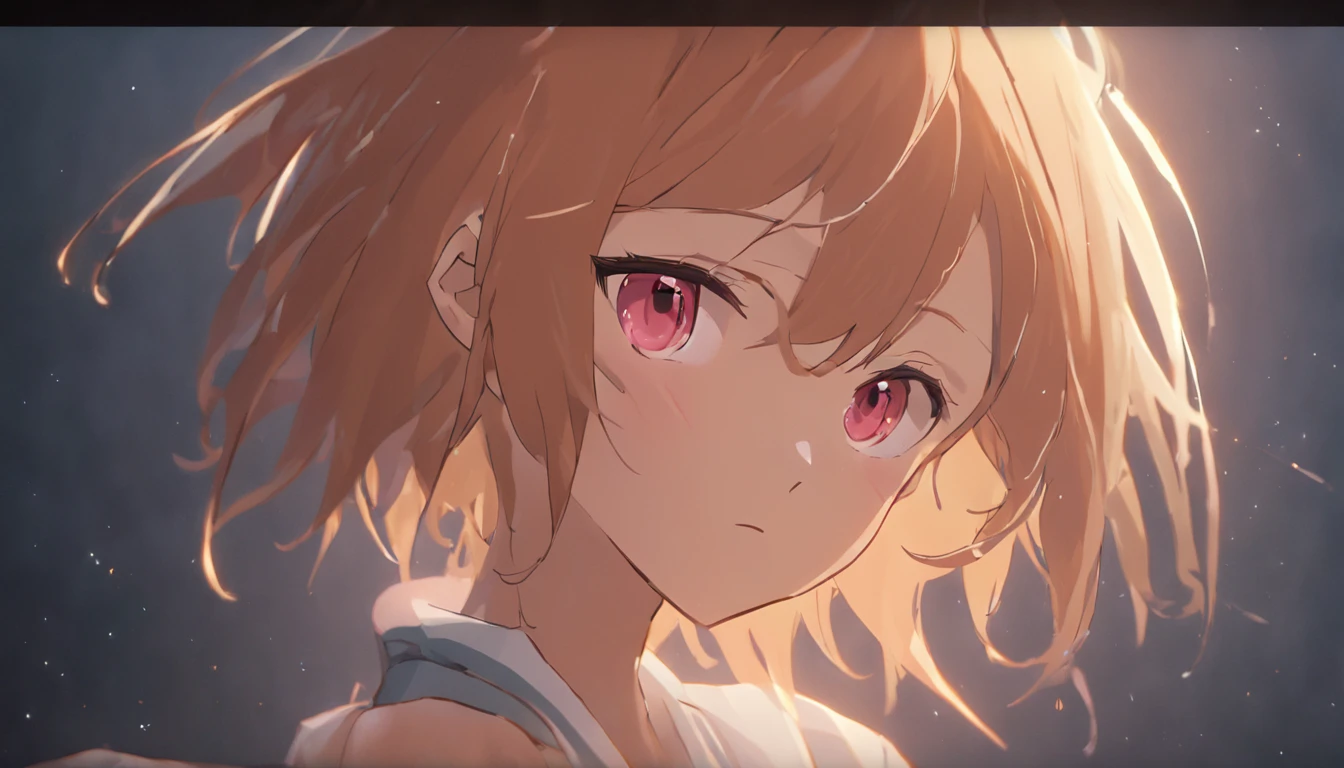 cinematic quality。By Shinkai Makoto。Kyoto Animation。short detailed hair。depth of fields,Highlight,Real Light,Ray traching,OC rendering,Ultra photo realsisim,best qualtiy。Master the technology,Detailed anatomy of the human body,sharp focus on eyes,Detailed depiction of facial features,bokeh effects。Sit in a restaurant with a cocktail glass at night、Cute girl with long golden hair in red dress。夏天。By Shinkai Makoto。Kyoto Animation。Feminine