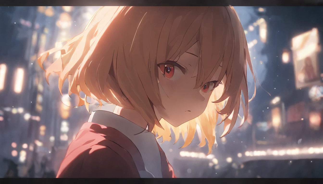 cinematic quality。By Shinkai Makoto。Kyoto Animation。short detailed hair。depth of fields，Highlight，Real Light，Ray traching，OC rendering，Ultra photo realsisim，best qualtiy。Master the technology，Detailed anatomy of the human body，sharp focus on eyes，Detailed depiction of facial features，bokeh effects。Sit in a restaurant with a cocktail glass at night、Cute girl with long golden hair in red dress。夏天。By Shinkai Makoto。Kyoto Animation。Feminine