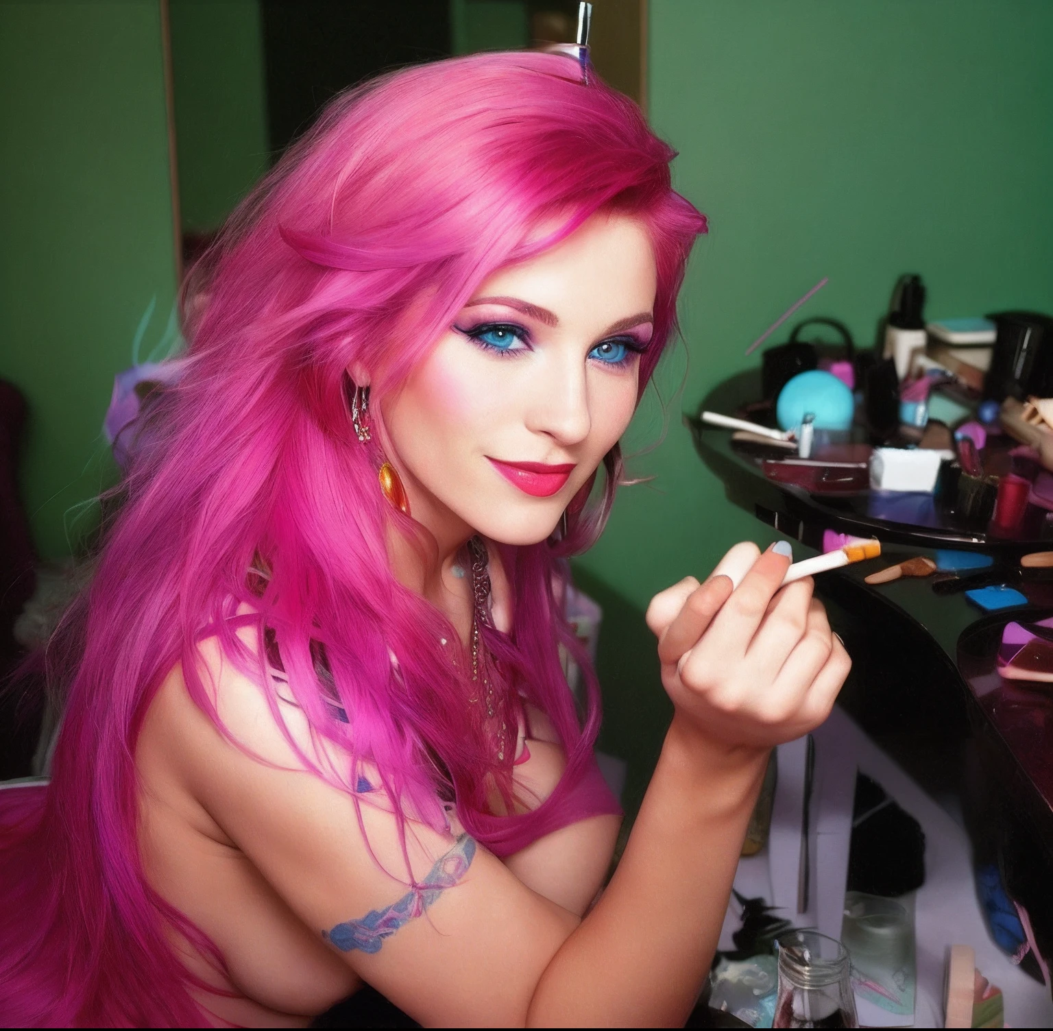 there is a woman sitting at a table with a cigarette in her hand, magenta hair, naked, breasts showing, profile image, profile shot, glamour shot, blue eyes, with cigar, taken in the late 2000s, inspired by Nan Goldin, taken in the mid 2000s, 40 years old women, putting makeup on, looking partly to the left, profile pic, award winning seductive
