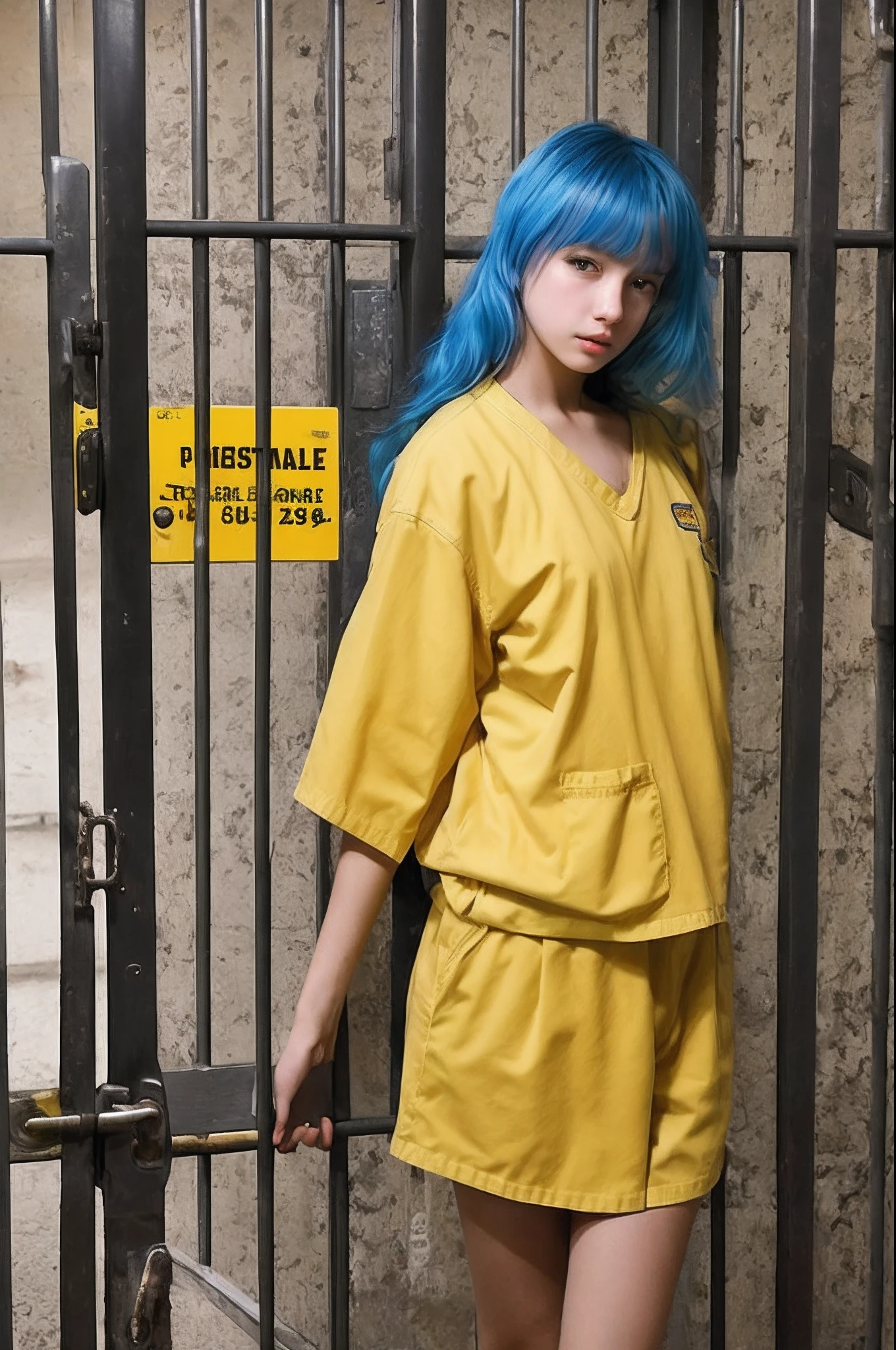 -year-olrl wibeautiful blue hair dressed in yellow prison uniform and became a female prisoner，quadratic element，behind bars，imprison，Barefoot，White skin and beautiful appearance。anime figure，Girls go to jail，Women's prison，Serve time，Handcuffed，Yellow prison uniform，The number is at the top left of the prison uniform。