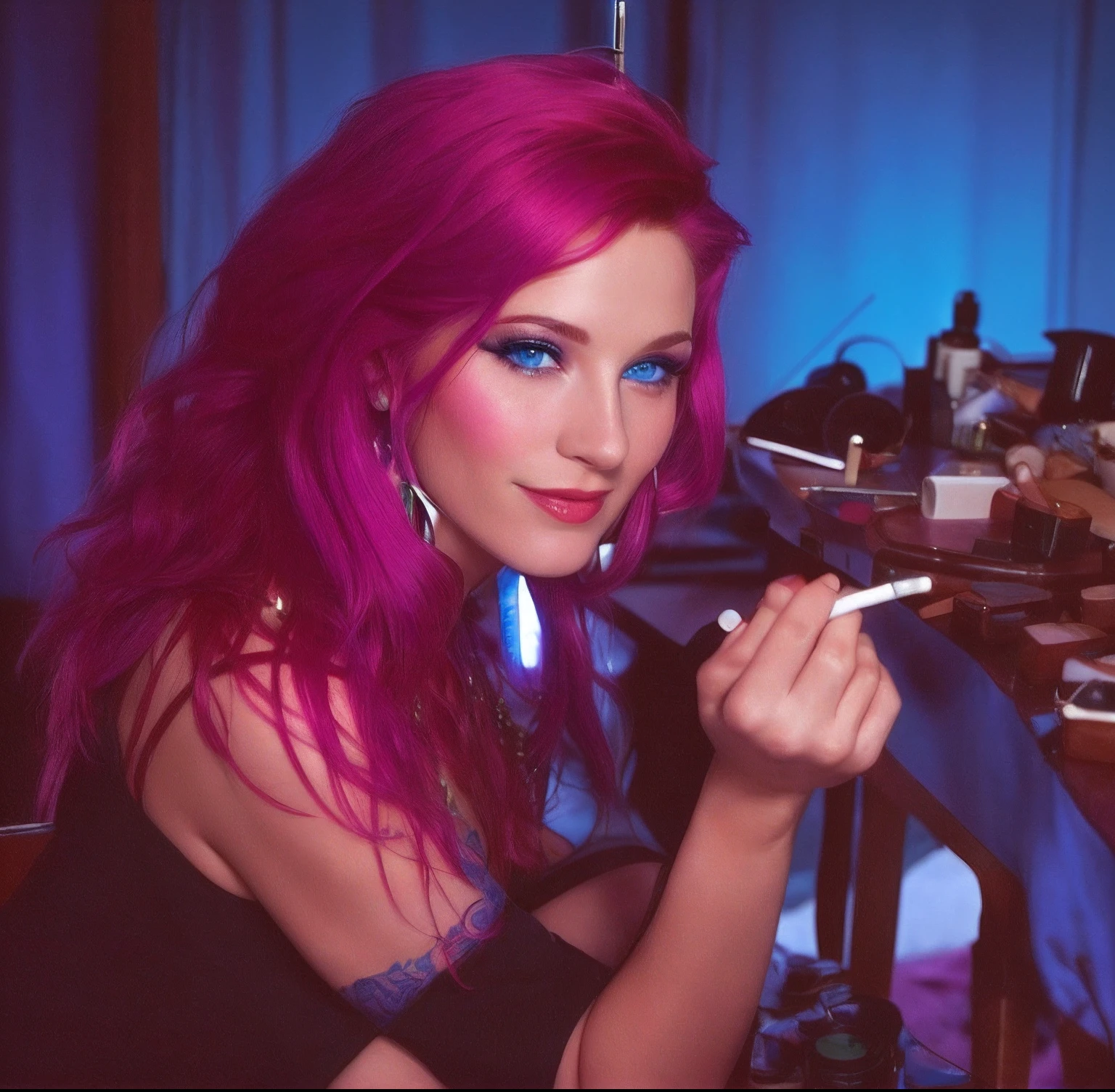 there is a woman sitting at a table with a cigarette in her hand, magenta hair, naked, breasts showing, profile image, profile shot, glamour shot, blue eyes, with cigar, taken in the late 2000s, inspired by Nan Goldin, taken in the mid 2000s, 40 years old women, putting makeup on, looking partly to the left, profile pic, award winning seductive