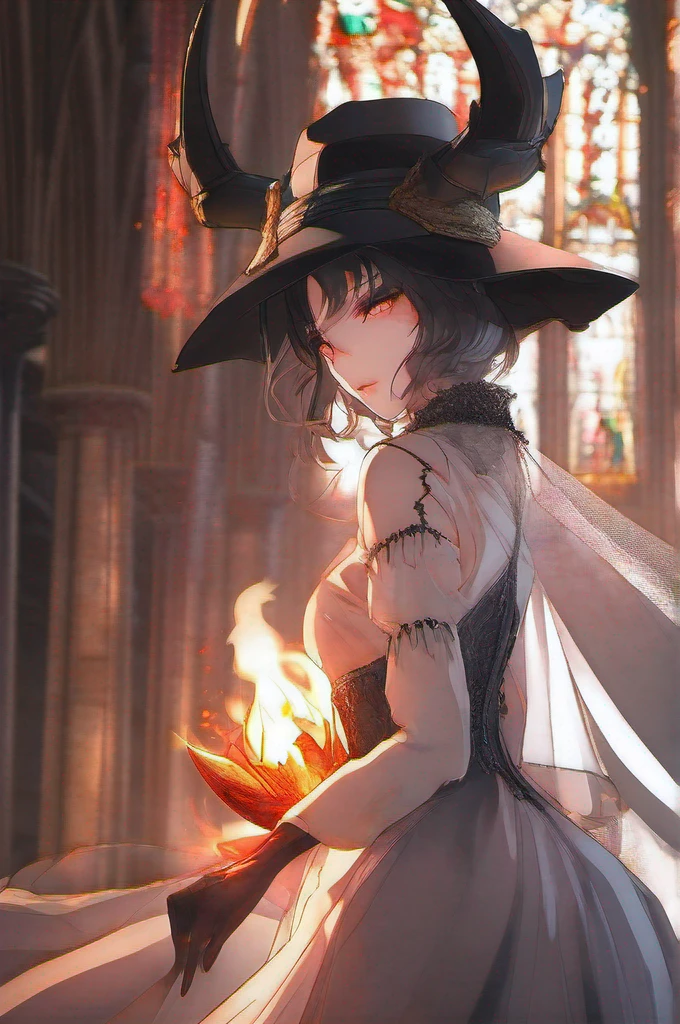 1 girl, demon girl, solo, black hair, short straight hair, gloves, bun updo, side bangs, long horns, ultra detailed red and black eyes, slit_pupils, very large breasts, gothic dress,ultra detailed sleeveless gothic dress, light gothic dress, skirtless gothic dress, glowing flames surrounding the girl, inner room of the cathedral is on fire, exuding flames from eyes, dim lighting, warm colours, hat with veil, beautiful pose, serious expression, leaning over