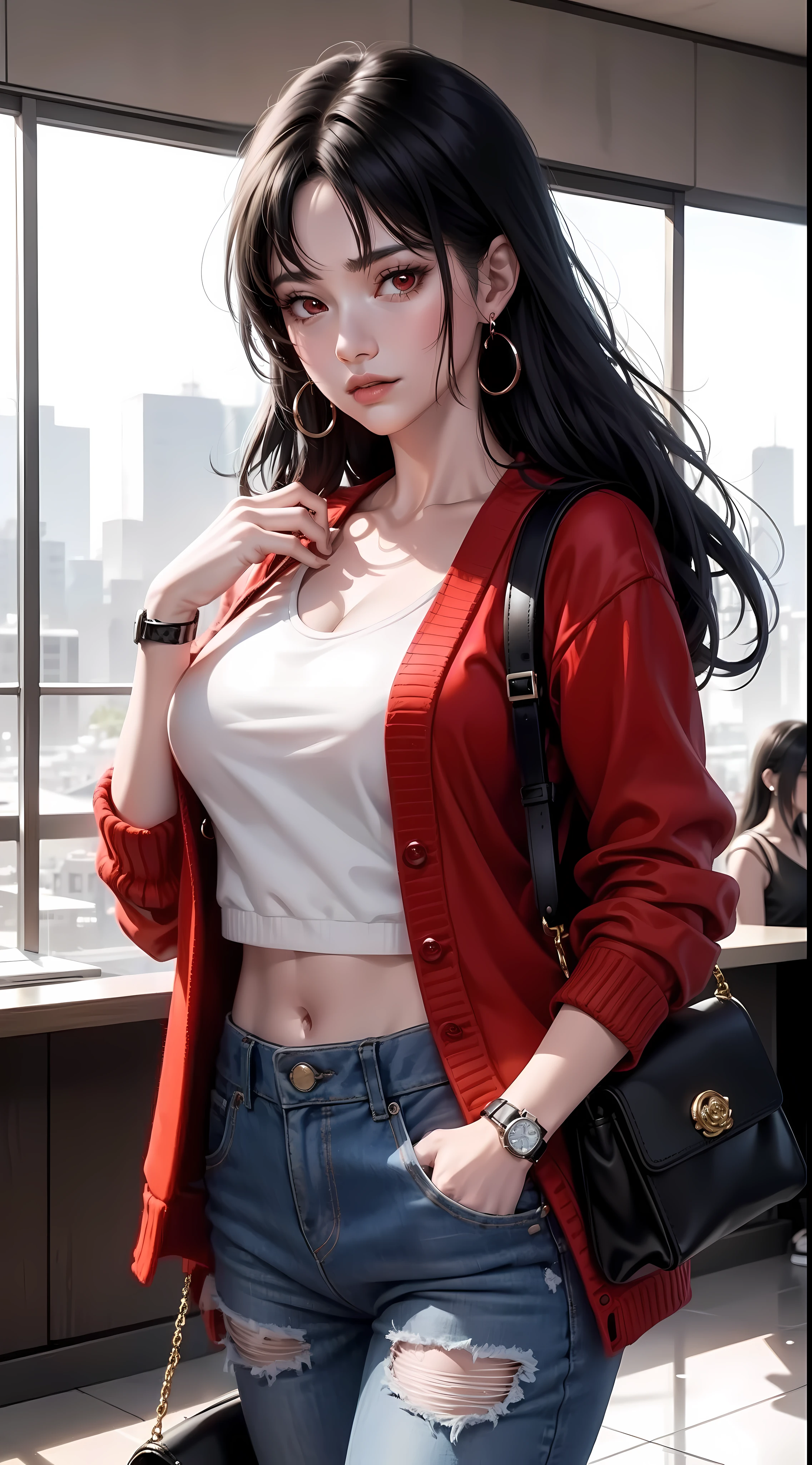 Kurenai from the anime Naruto, black hair, long hair, red eyes, wearing mascara, perfect body, perfect breasts, beautiful woman, very beautiful, wearing a white shirt, wearing a red cardigan, jeans, wearing a handbag, wearing a watch, wearing earrings -earrings, were in the mall, in the mall, Realism, masterpiece, textured leather, super detailed, high detail, high quality, best quality, 1080P, HD, 16k