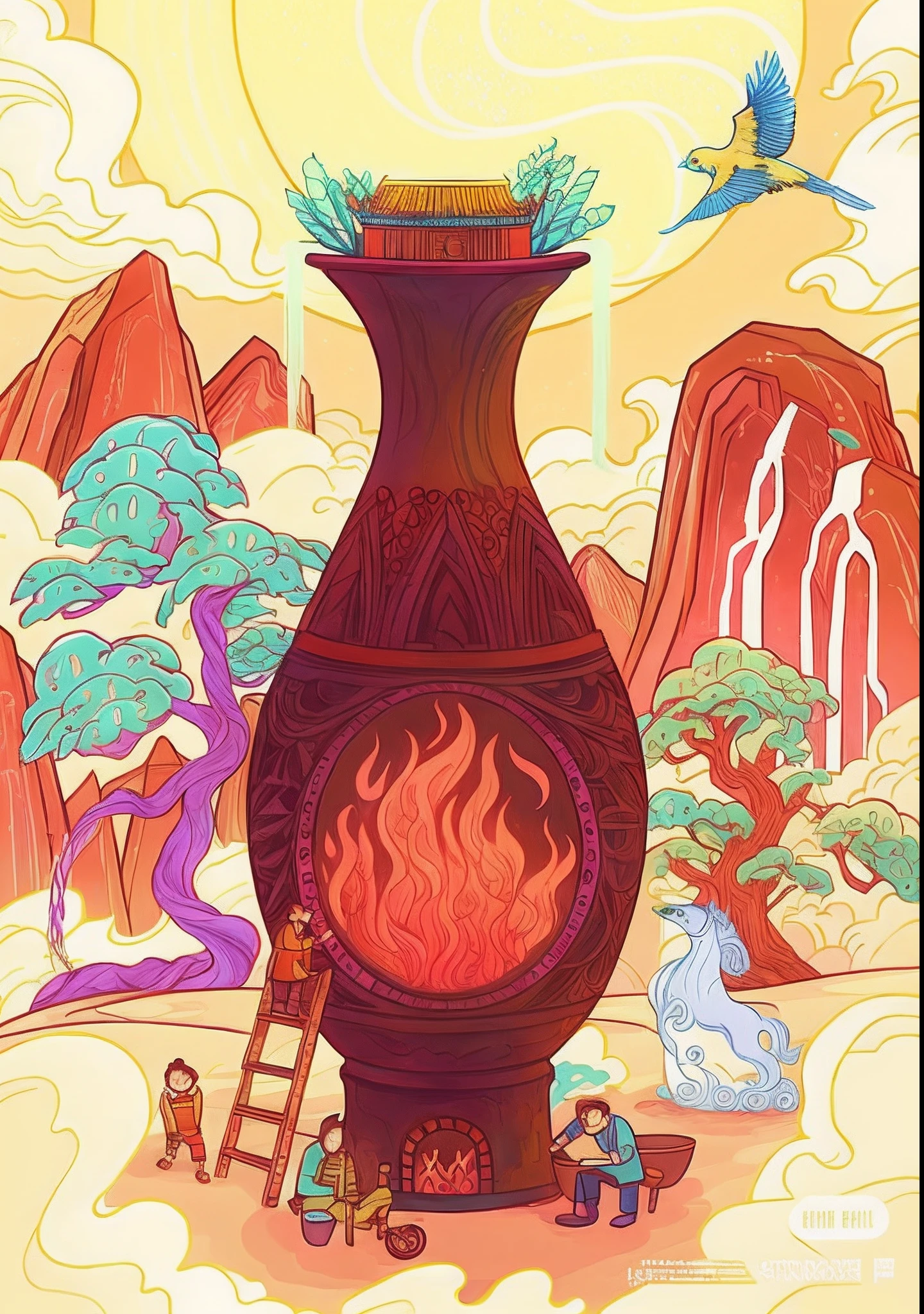 Illustration of a porcelain vase,There is fire inside, arte de fundo, an illustration of inspired by Victo Ngai, a portal to the lost flame realm, full-colour illustration, inspired by Ivan Bilibin, psychedelic illustrations, full page illustration, jen bartel, background artwork, full color digital illustration, full art illustration, art cover illustration, brittney lee