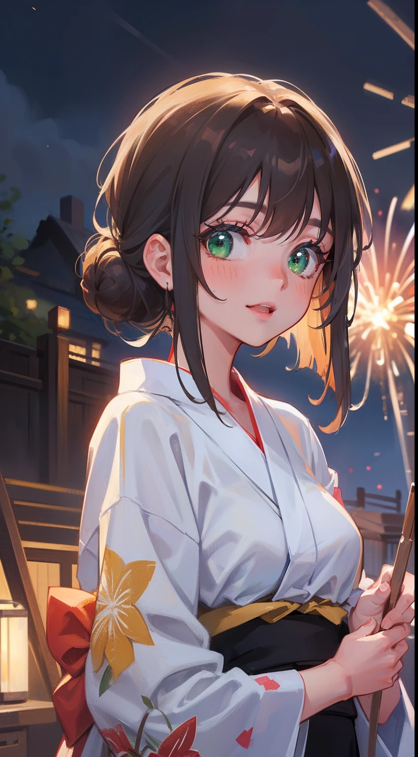 (masterpiece), (best quality), ultra high res, soft focus, dutch angle, ((1 mature woman, solo)), very stunning and gorgeous mature woman, upper body, beautiful detailed hair, chestnut brown hair, 1 bun hairstyle, beautiful detailed face, perfect feminine face, ((beautiful shape eyes, green eyes)), look at the viewer, comfortable face, smiles, open lips, colorful short yukata, pretty fireworks on the background, (at the night time:1.2)