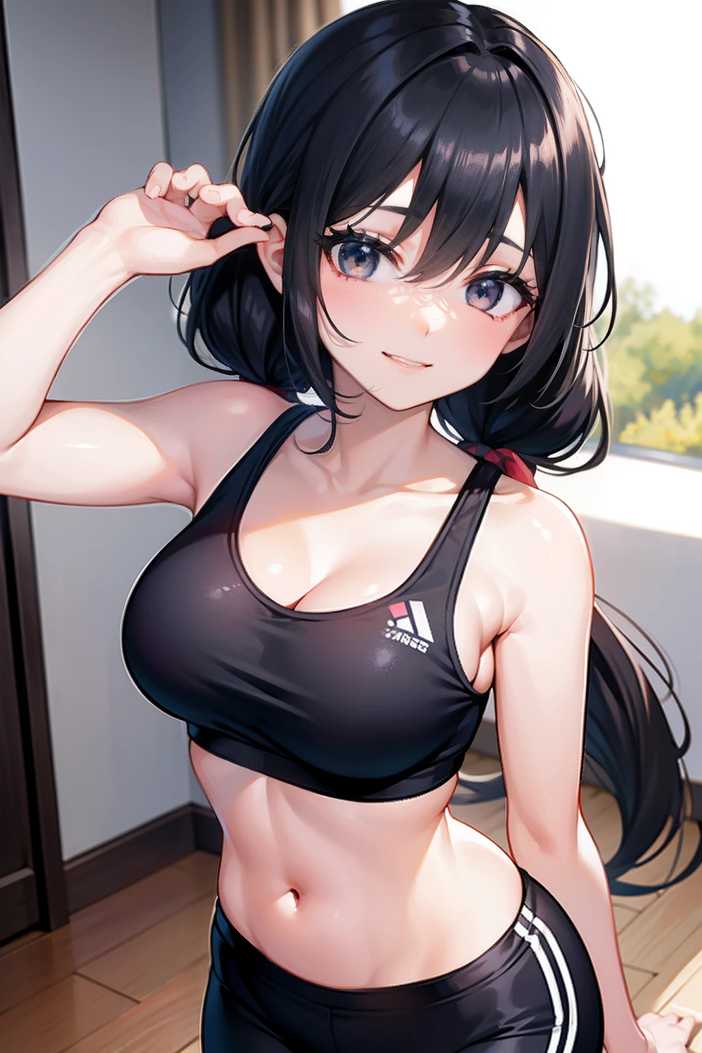 girl with, A dark-haired, Floating hair, poneyTail, kawaii, Smile, Sportsbra, yoga pant, gym, gals