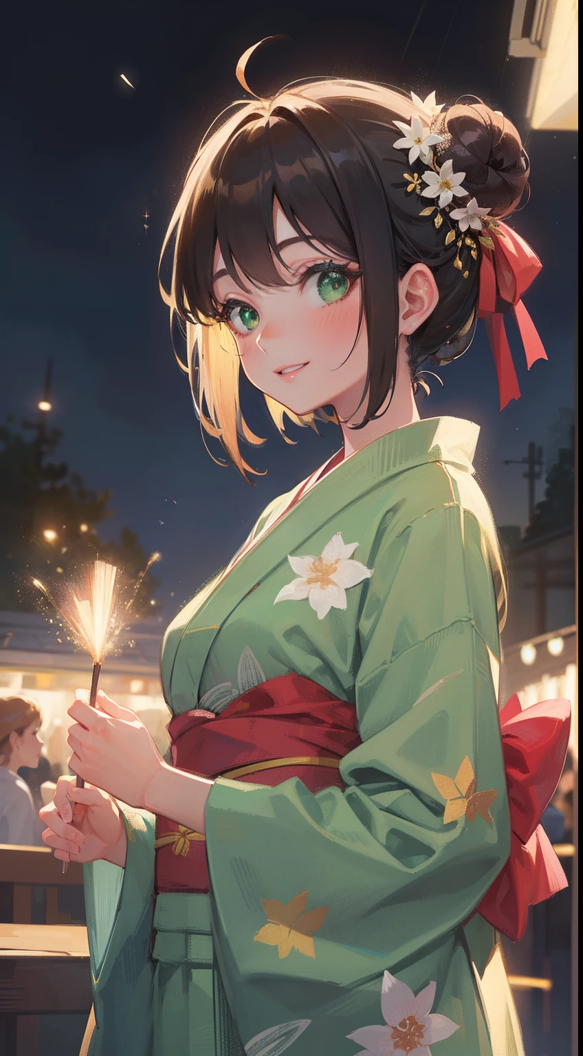 (masterpiece), (best quality), ultra high res, soft focus, dutch angle, ((1 mature woman, solo)), very stunning and gorgeous mature woman, upper body, beautiful detailed hair, chestnut brown hair, 1 bun hairstyle, beautiful detailed face, perfect feminine face, ((beautiful shape eyes, green eyes)), look at the viewer, comfortable face, smiles, open lips, colorful short yukata, pretty fireworks on the background, (at the night time:1.2)