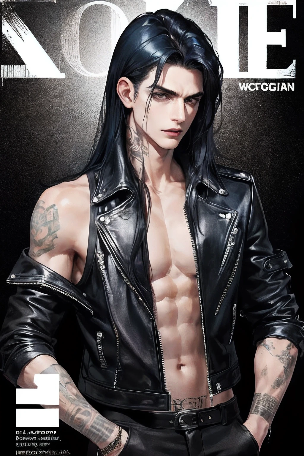 cover for a book, photography of a heavy metal star, a solo man, (((man))), (masculine face), 25 years old, singer, bad boy, (black eyes), expressive look, long dark blue black hair, (((bar background))), straight hair, blueshine hair, unshaven, black leather jacket, long sleve jacket, leather pants, chest tattoo, super detailed face, perfect body, perfect shapes, realistic image, award winning photography, 8k,