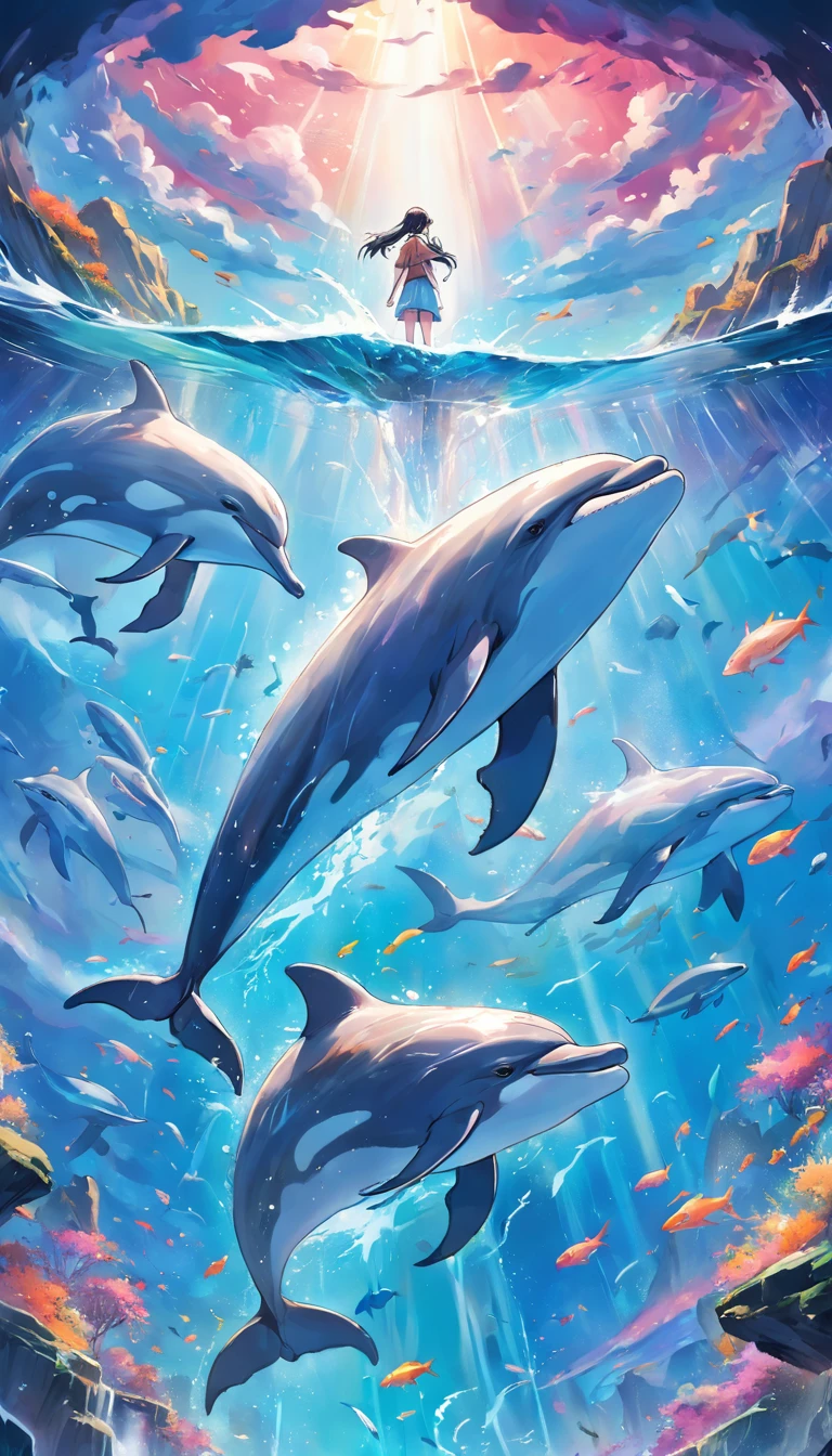 Drawing of dolphins swimming in colorful sea, Look up at the composition, Whales with living water from the sky, inspired by Cyril Rolando, dreamy psychedelic anime, colorful anime movie background, a beautiful artwork illustration, Authors：Sitao, colorful concept art, Makoto Shinkai Siriro Roland, in style of cyril rolando, flying whales, highly detailed water colour 8k, highly detailed watercolor 8 K，octans，sona，Realistic，8K，Shinkai Makoto style( Reasonable design, ligne claire, High sharpness,Best Quality, Very detailed, Master Parts, Movie Light Effects, 4K )