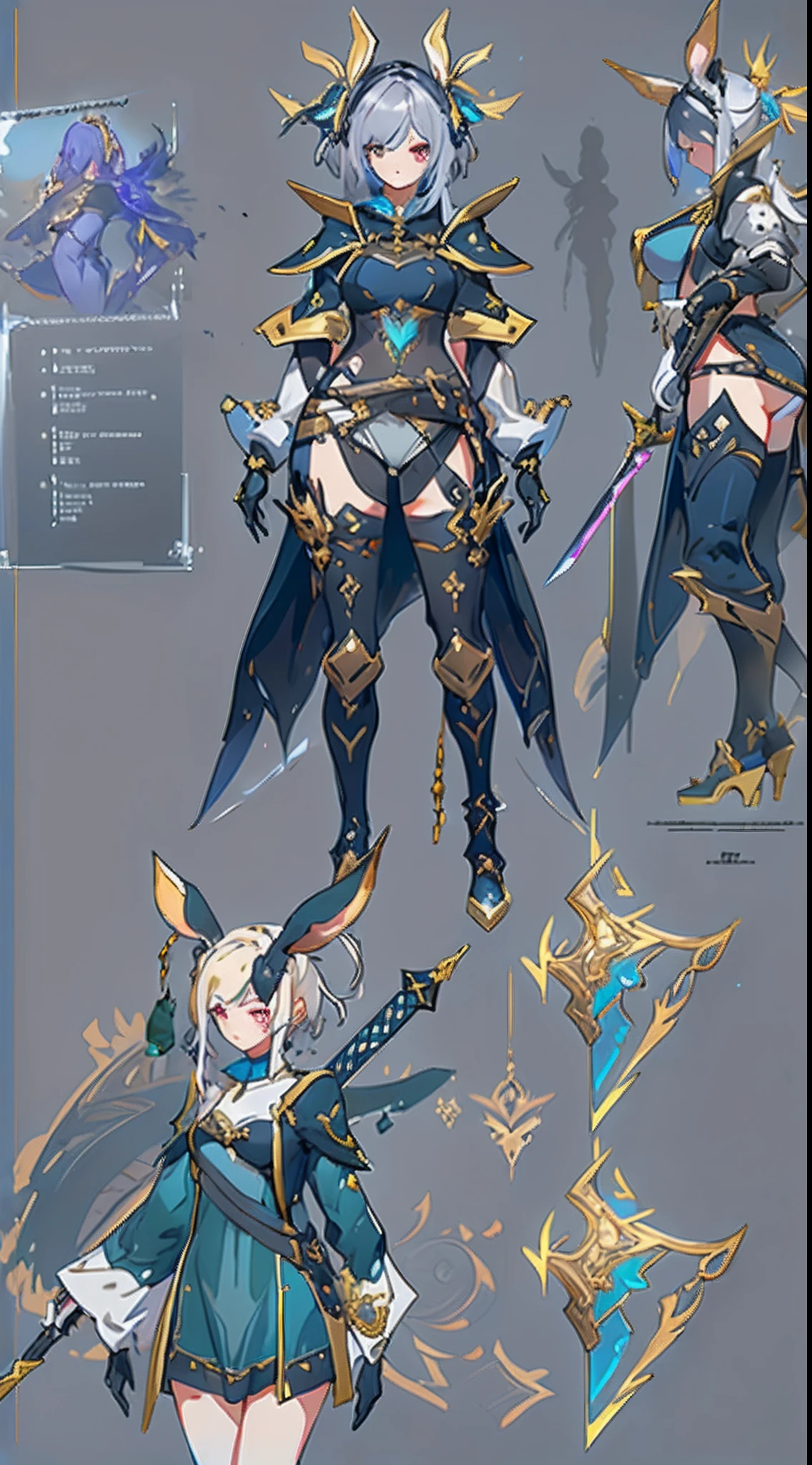 Design a layout showcase Gaming character, ((1girl)), assasin:1.4, Golden+Purple clothes, Black_Desert_style, stylish and unique, ((showcase weapon:1.4)), magic staff, (masterpiece:1.2), (best quality), 4k, ultra-detailed, (Step by step design, layout art:1.5), (luminous lighting, atmospheric lighting), Final Fantasy style, magican, ((glove full hands)), fran, viera, (((revealing clothes:1.3))), vambraces, armored legwear, (((full_body_shot:1.4))), Niji, back_view, T_pose