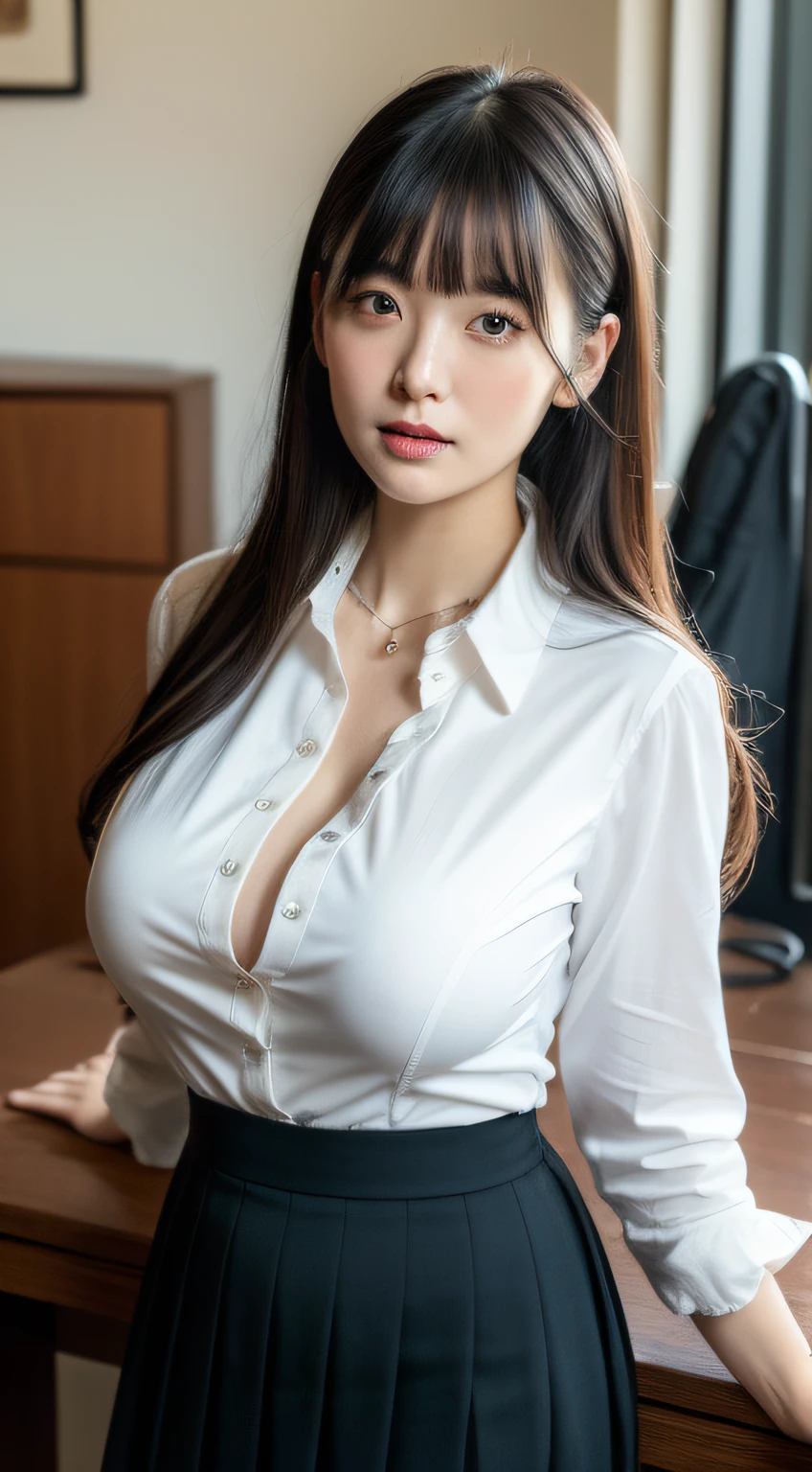 ⦅cleavage of the breast⦆、Boob emphasis,((huge-breasted:1.4)),Looking at me on my desk in an office in a high-rise building, Dark blue tight skirt, The skirt is flipped up, Black Lace T-Back Panties, Open white Y-shirt、(Best Quality,in 8K,nffsw:1.2),(cute Japanese girls),(Huge breasts:1.25),(Collared shirt)、(masterpiece、top-quality) 、For clear images、Strong sunshine、absolutely outstanding image, very extremely beautiful、masterpiece, top-quality,a picture, kawaii、(Colossal tits:1.2)、((20 year old woman:1.ung adorable Japan face, dewy skin, close up of face,Soft portrait shots,8K