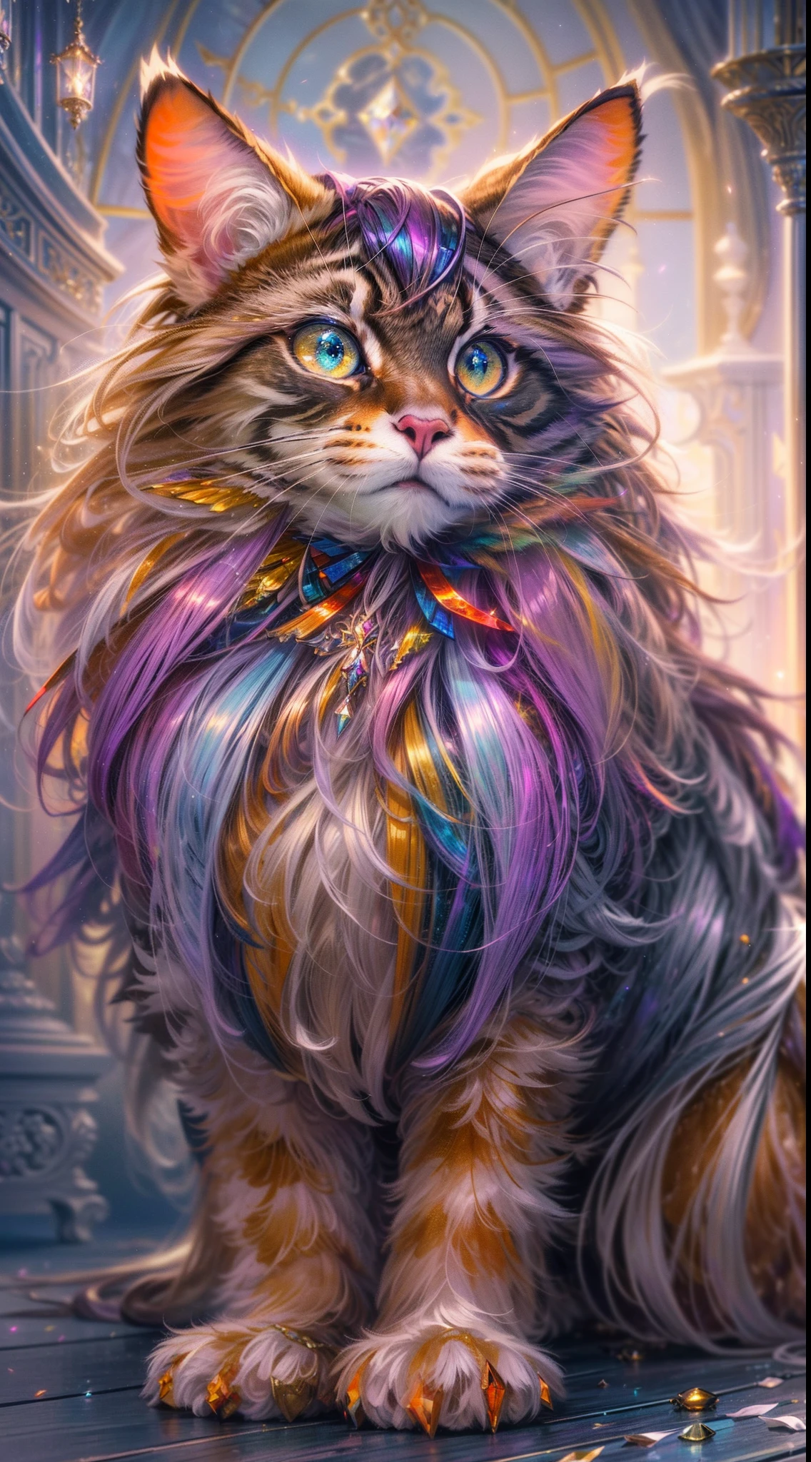 ((ultra-detailed)), (highly detailed CG illustration), ((an extremely delicate and beautiful russet maincoon)), cinematic light, The art piece should contain elements of both mythic fantasy  with colorful accents. ((Utilize various shades of purple and watercolor pastels as the main color scheme.)) The maincoon in the artwork is a fluffy with an aura of mystery and magic, mesmerizing eyes with vibrant colors and bold shading. The fur of maincoon  should be designed with gossamer feathers, silk, stunning embroidery, and subtle iridescent details. Incorporate dreamy colors, dynamic lighting, and detailed background elements to create a sense of awe and immersion. Include magical aura. Consider, (((masterpiece))), (((best quality)))