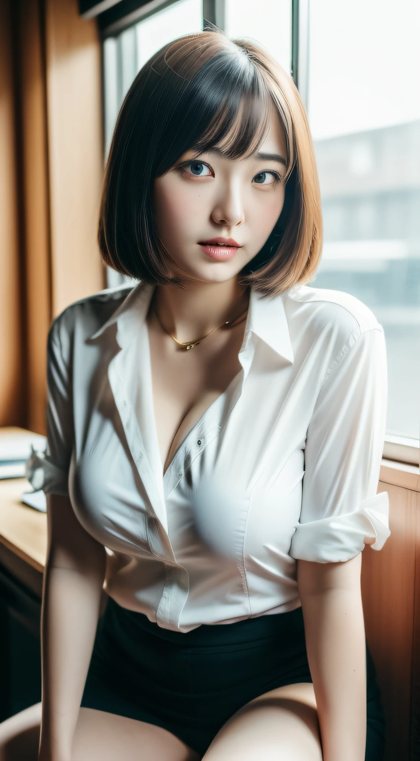 extremely detailed CG unity 8k wallpaper, best quality, ultra-detailed, masterpiece, realistic, photo realistic, extremely detailed cute girl, 30years old, secretary, large breasts, blush, parted lips, (casual shirt), (cleavage),  (panties), office , sit at the desk ,half body shot , parted bangs