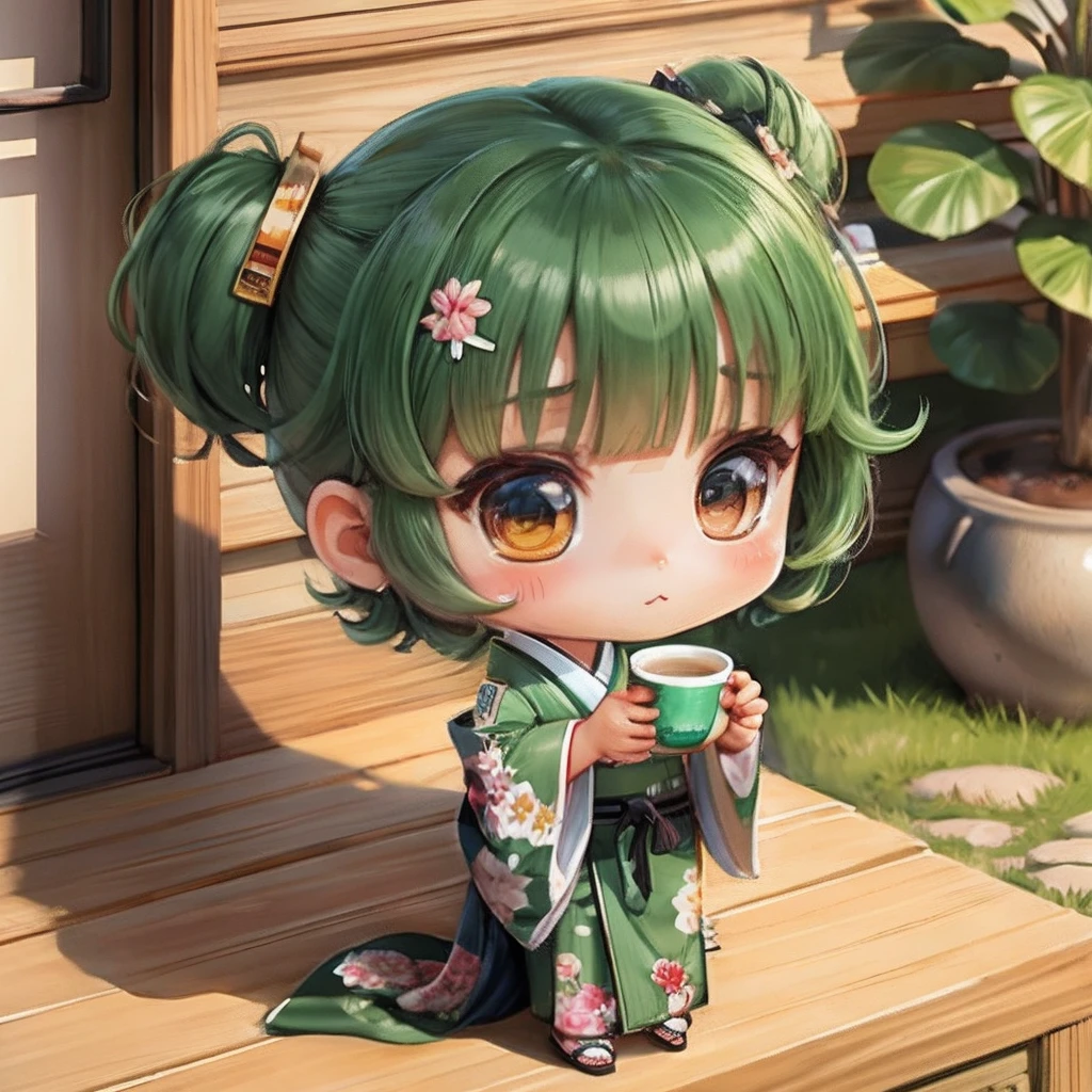 Cute chibi anime in the cup, Wear a green kimono, drinking tea, logo