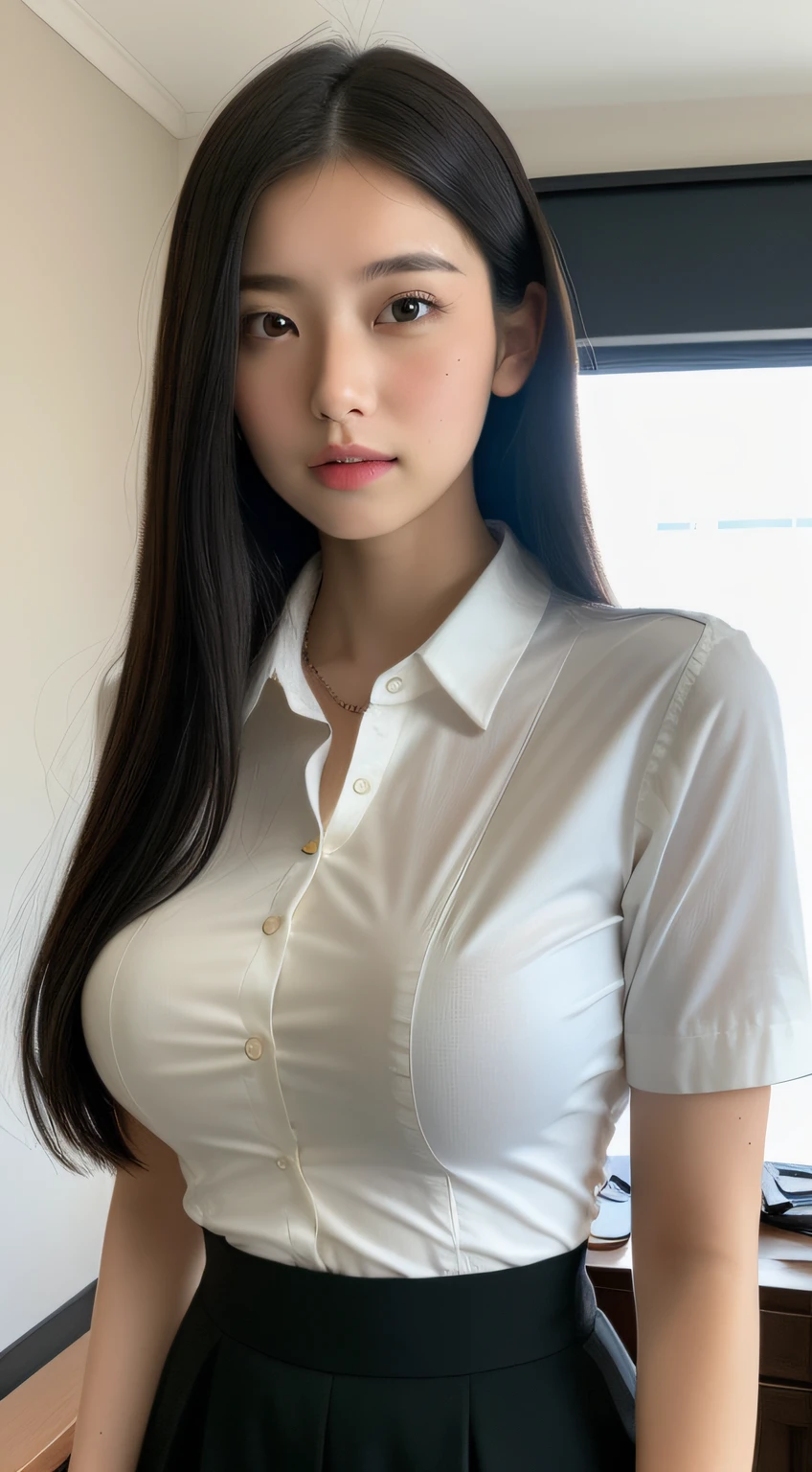 (Best quality, High resolution, Masterpiece :1.3), A tall and pretty woman, Slender abs, Dark brown hair styled in loose waves, Breasts, Wearing pendant, White button up shirt, Belt, Black skirt, (Modern architecture in background), Details exquisitely rendered in the face and skin texture, Detailed eyes, Double eyelid