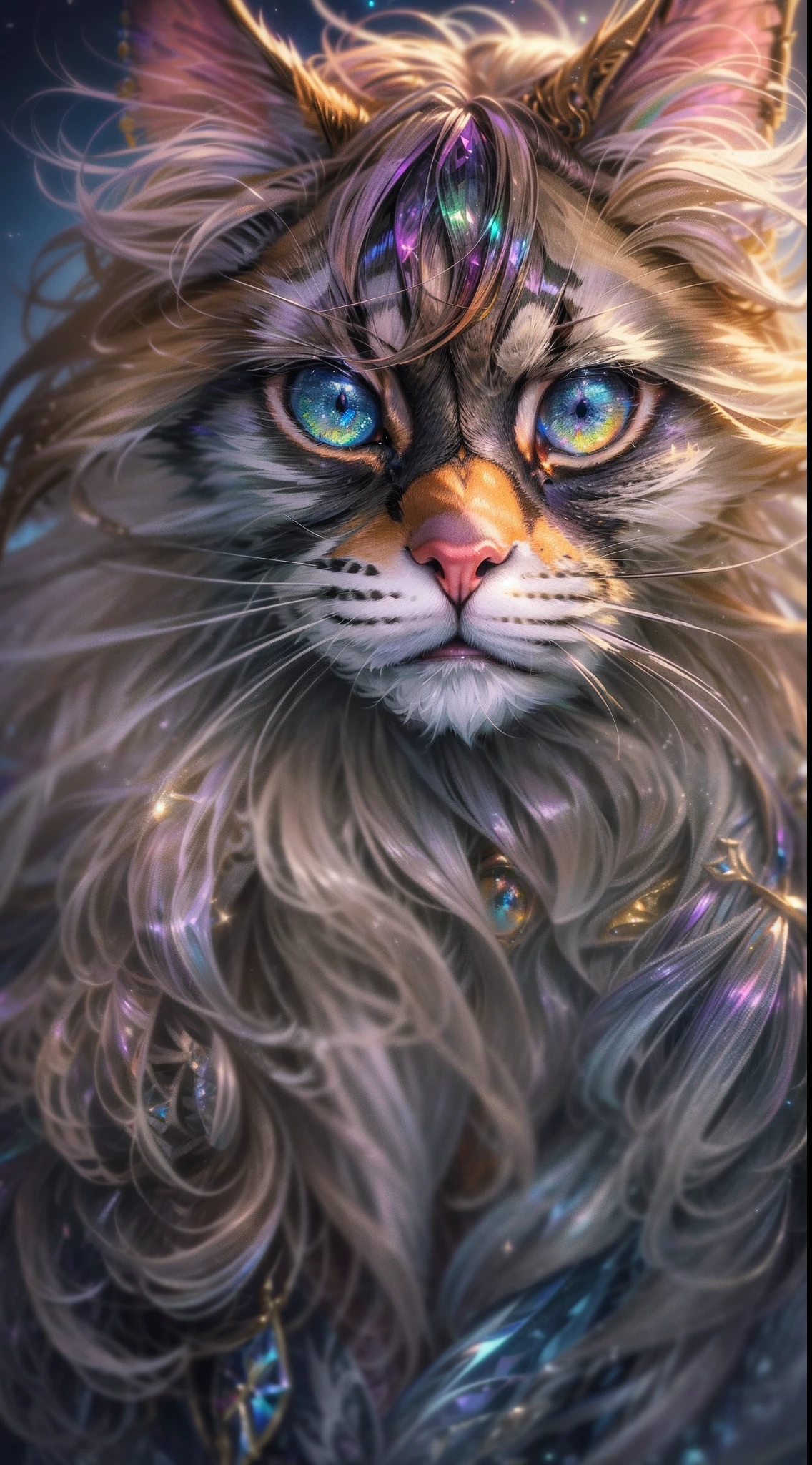 ((ultra-detailed)), (highly detailed CG illustration), ((an extremely delicate and beautiful russet maincoon)), cinematic light, The art piece should contain elements of both mythic fantasy with colorful accents. ((Utilize various shades of purple and watercolor pastels as the main color scheme.)) The maincoon in the artwork is a fluffy with an aura of mystery and magic, mesmerizing eyes with vibrant colors and bold shading. The fur of maincoon should be designed with gossamer feathers, silk, stunning embroidery, and subtle iridescent details. Incorporate dreamy colors, dynamic lighting, and detailed background elements to create a sense of awe and immersion. Include magical aura. Consider, (((masterpiece))), (((best quality)))