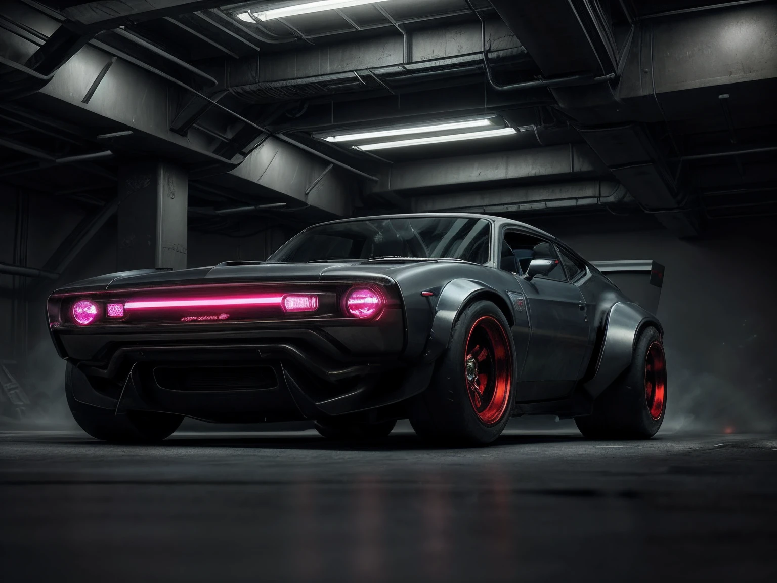 ((futuristic cyberpunk hotrod zeekars))(With luminous tires)of 3/4 front view of a,at the parking lot,Red and black color scheme,Texture,Faint purple headlights,urban backdrop,Sense of oppression