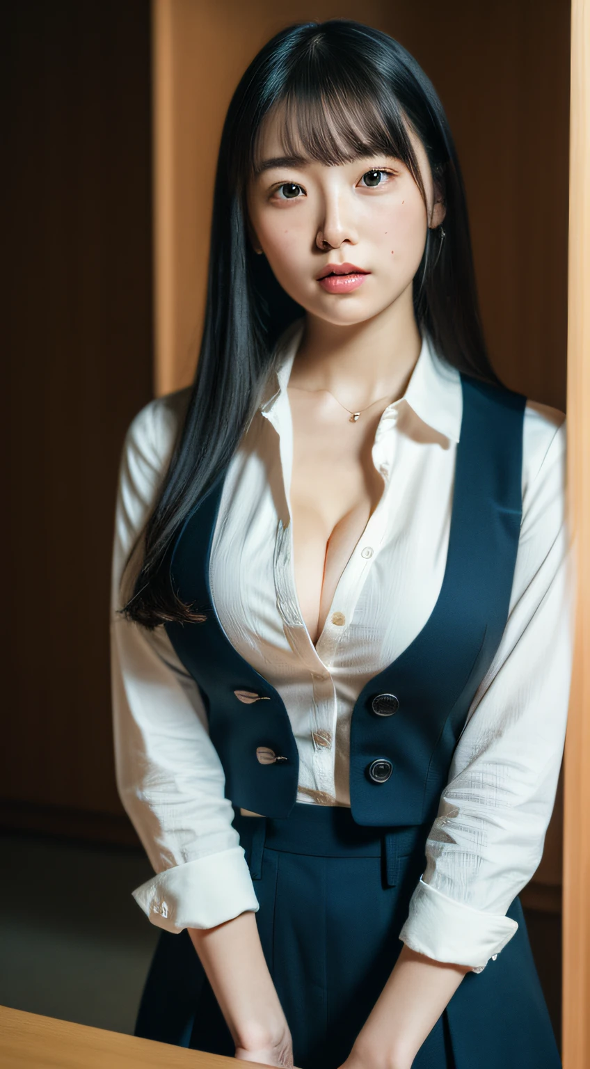 facing front、Shirt Unbuttoning、⦅cleavage of the breast⦆、Boob emphasis,((huge-breasted:1.4)),Looking at me on my desk in an office in a high-rise building, Dark blue tight skirt, The skirt is flipped up, Black Lace T-Back Panties, Open white Y-shirt、(Best Quality,8K,nffsw:1.2),(cute Japanese girls),(Huge breasts:1.25),(Collared shirt)、(masterpiece、top-quality) 、For clear images、Strong sunshine、absolutely outstanding image, very extremely beautiful、masterpiece, top-quality,a picture, kawaii、(Colossal tits:1.2)、((20 year old woman:1.ung adorable Japan face, dewy skin, close up of face,Soft portrait shots,8K