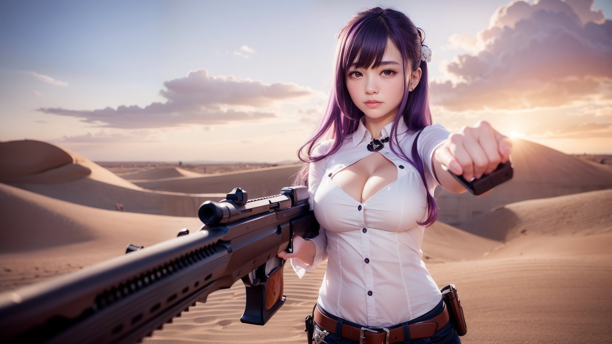 White blouses、Purple hair color、poneyTail、pistols((Desert Eagle))holding it in your hand((Shooting Pose))facing the front there、winking、big breast beauty
