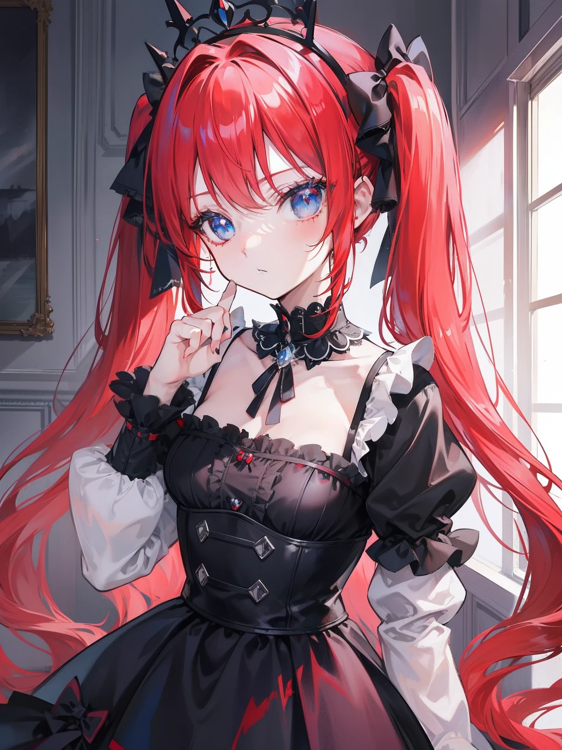 Red hair, Blue eyes, twintails, Goth Lolita, Darkgoth, Collar,Crown tiara,pride,solo,loli,Long hair,{{best quality}}, {{masterpiece}}, {{ultra-detailed}}, {illustration}, {detailed light}, {an extremely delicate and beautiful},,cute,