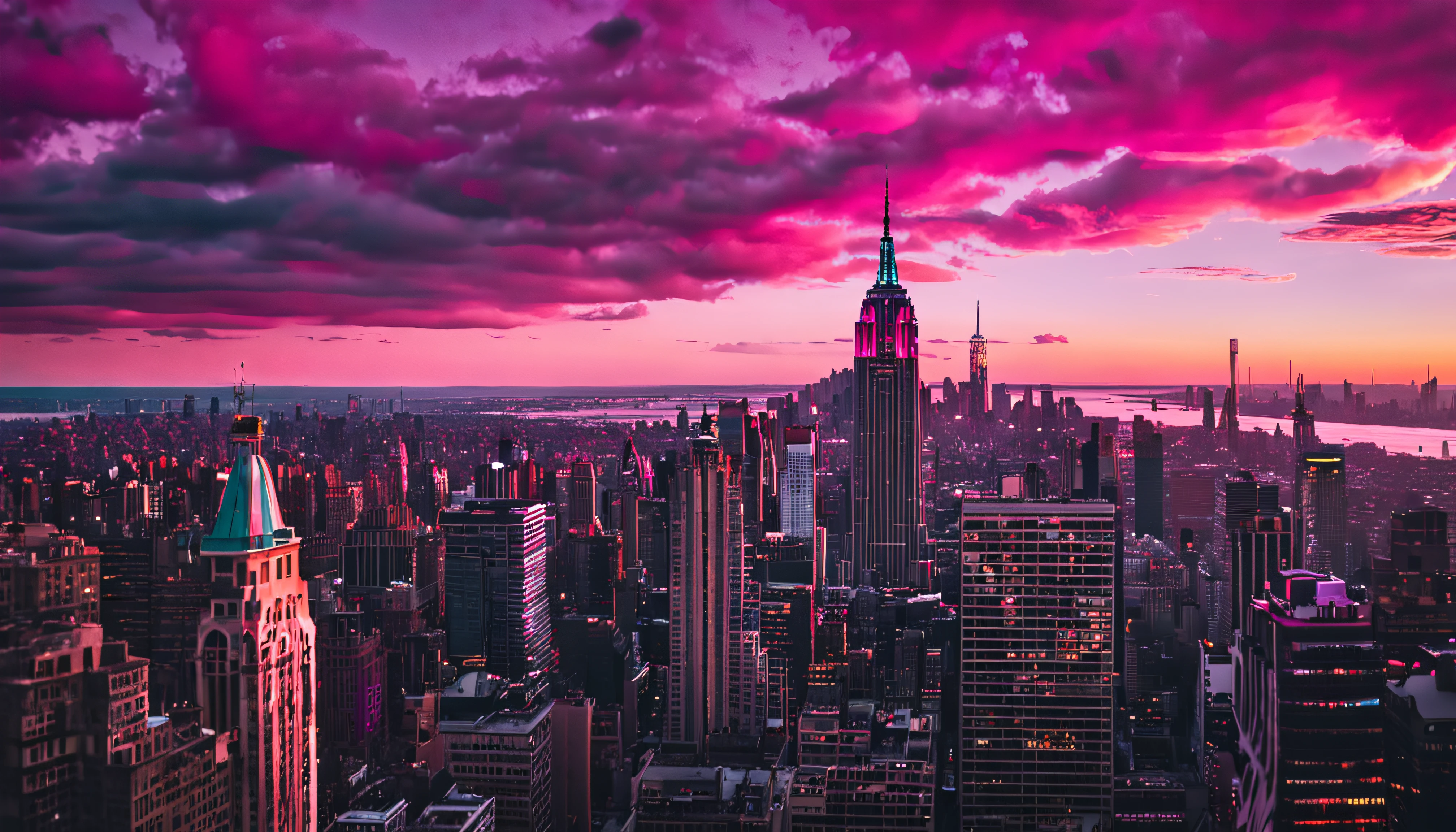 Sunset with pink and purple clouds in New York City,The Empire State Building is on the far right of the picture