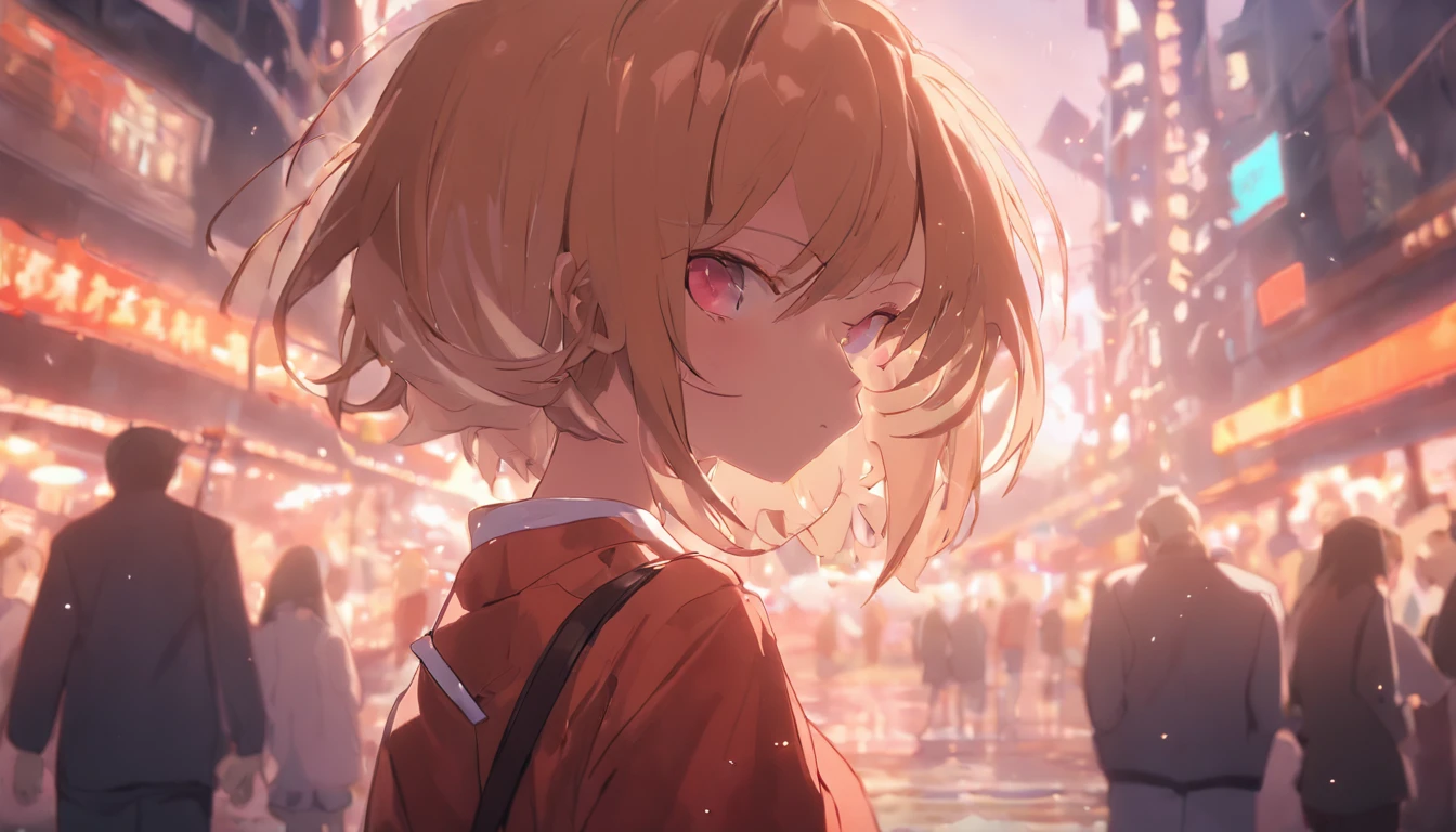 cinematic quality。By Shinkai Makoto。Kyoto Animation。short detailed hair。depth of fields，Highlight，Real Light，Ray traching，OC rendering，Ultra photo realsisim，best qualtiy。Master the technology，Detailed anatomy of the human body，sharp focus on eyes，Detailed depiction of facial features，bokeh effects。Sit in a restaurant with a cocktail glass at night、Cute girl with long golden hair in red dress。夏天。By Shinkai Makoto。Kyoto Animation。Feminine。Shooting pulls