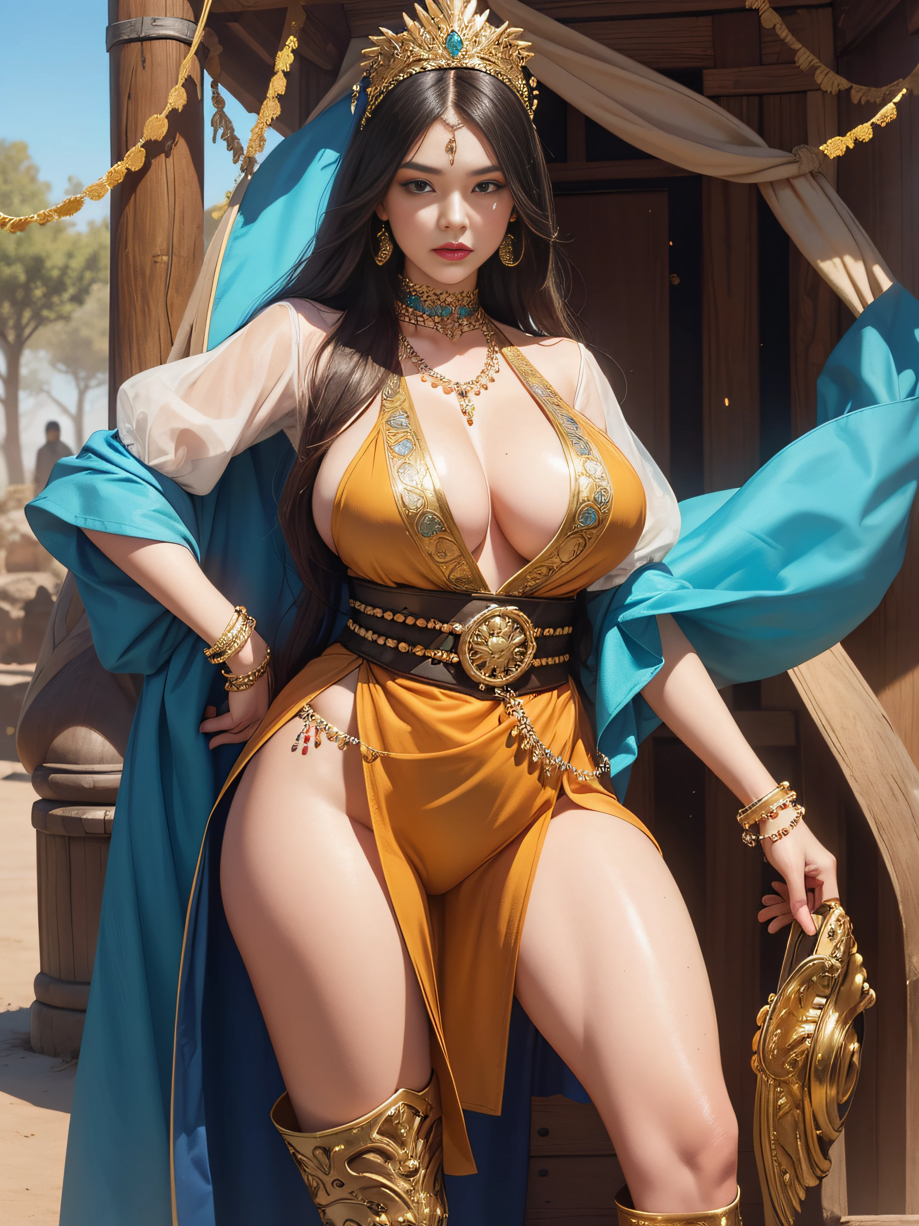 (The cuff of the boot exposes the over-the-knee socks1.3)，tmasterpiece，full bodyesbian，standing on your feet，Exotic，enchanted，seduce，Woman from the Western Regions，Detailed eyes and face，Tall and mighty，Over-the-knee leather boots，Leaking over-the-knee stockings，Gorgeous silk dress，a gold belt around his waist，It is set with brilliant gemstones，Worn by a string made of turquoise、A necklace of amber and pearls，Wide buttock，Thick thighs，The appearance is exotic，eye shadows，Makeup，lipsticks，Hair is silky smooth，Her eyebrows are slender，The bridge of the nose is straight，Sharply defined，Noble and elegant，Plump and plump，Desert background