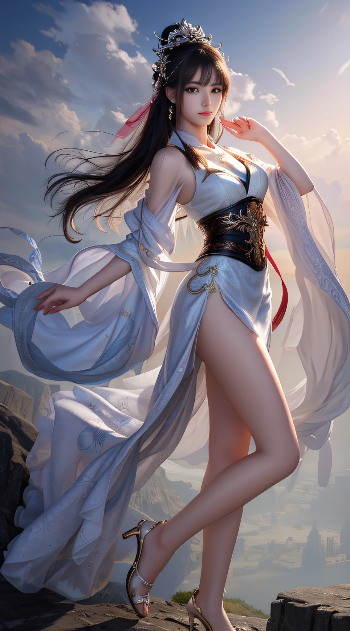 Masterpiece, Best quality, Realistic, (1 Chinese girl: 1.3), Blue, gold, white clothes, Long hair with a shawl, jump, leap, Dance, Green, gold, white clothes, Long slip dress, Snow-whiteskin, Bare shoulders, full bodyesbian