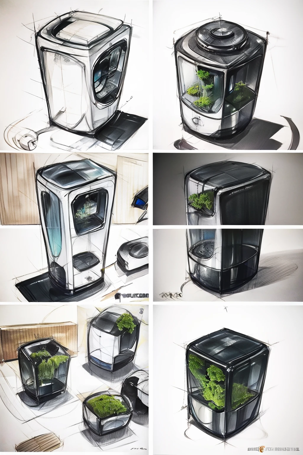 Hand-drawn air purifier combined with moss, product design, manuscript,black and white hand sketch, product detail, different views of the product, top view, side view