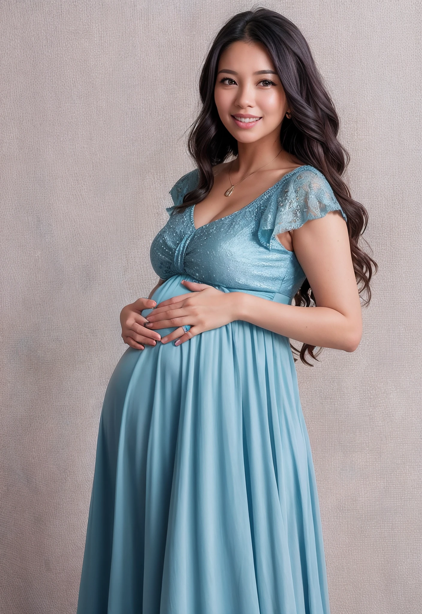 pregnant woman in blue dress posing for a portrait in studio, pregnant belly, light blue dress portrait, belly free teal dress, maternity feeling, pregnant, wearing a flowing dress, wearing a blue dress, with teal clothes, woman in dress, wearing long gown, wearing blue dress, pregnancy, icey blue dress, blue dress, long blue dress, maternal photography 4 k