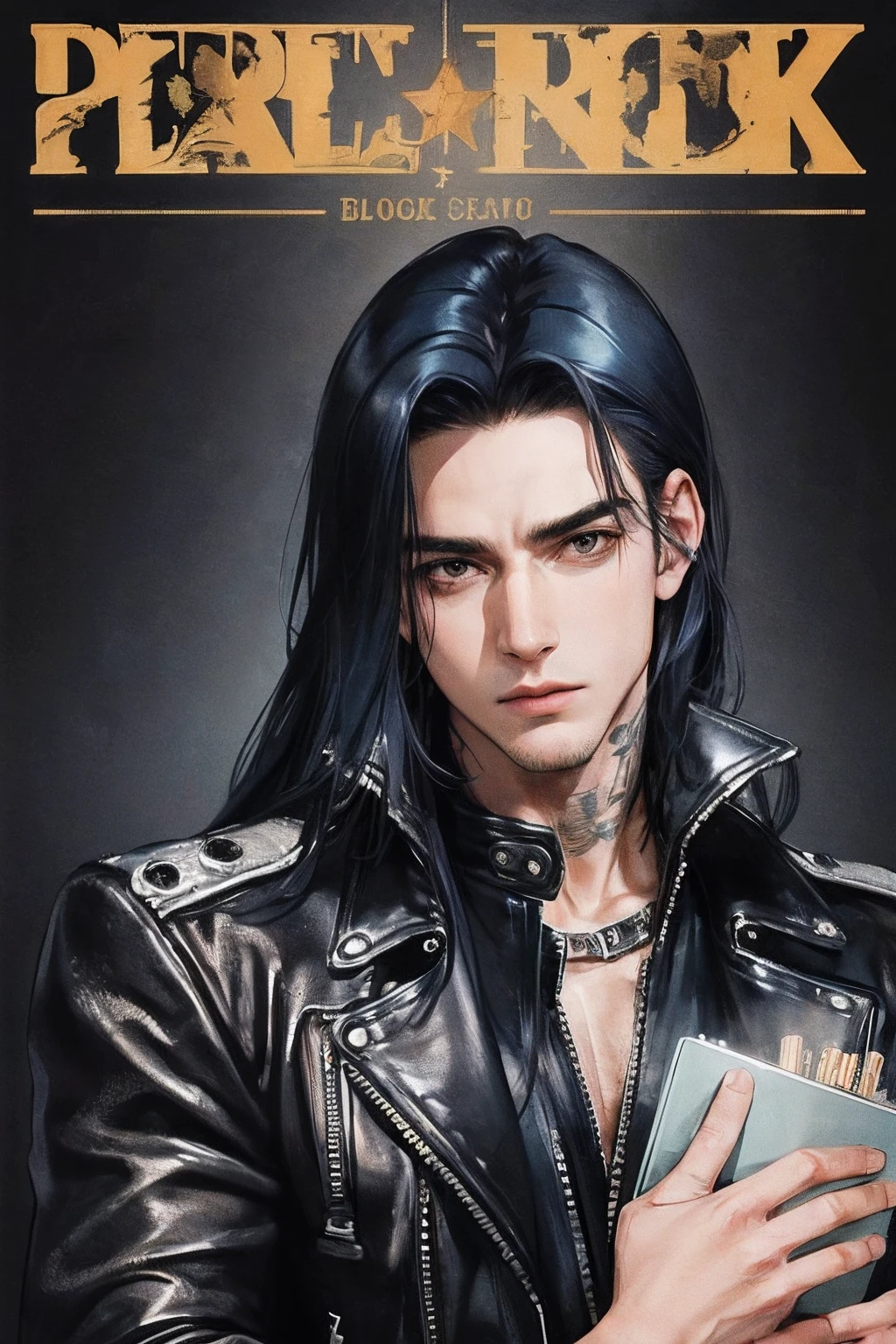 cover for a book, photography of a heavy metal star, a solo man, (((man))), (masculine face), 25 years old, singer, bad boy, (black eyes), expressive look, long dark blue black hair, (((bar background))), straight hair, blueshine hair, unshaven, black leather jacket, long sleve jacket, leather pants, chest tattoo, super detailed face, perfect body, perfect shapes, realistic image, award winning photography, 8k,