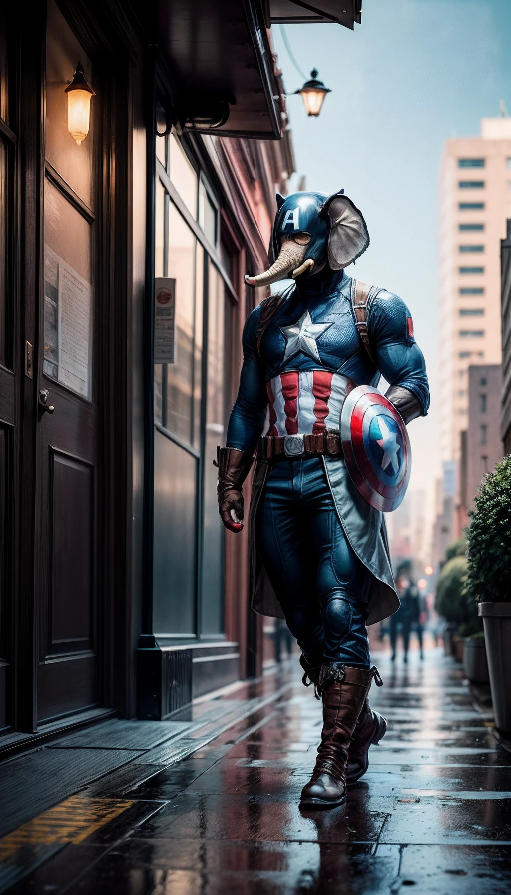 personage (elephant:1.1), In the costume of Captain America, in the city, Laurie Grizzly style, Studio Ghibli, Akira Toriyama, by james gilleard, Genshin Impact, Trending Pixiv Fanbox, acrylic palette knife, 4k, bright colours, devinart, Trending on ArtStation, low detailed, dripping ink splatters