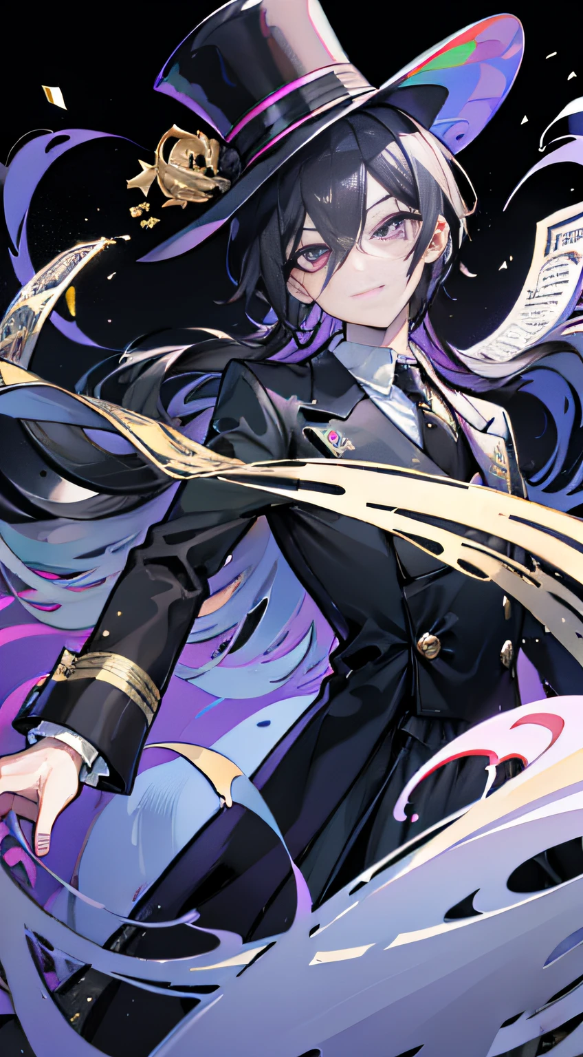 A middle-aged man，Thick black hair，Small Bazi Hu，blackigeyes，Top hat，Gold thread monocle，High-end long suit dress，The cards，Flight card，magister，thief，Mysterious smile，Up to no good，male people，prime，high-necked，Wide-brimmed top hat，Opera house stage background，The environment is bleak，The show begins，hallucinating，Illusion，a rubik's cube，Purple fog，Dim light