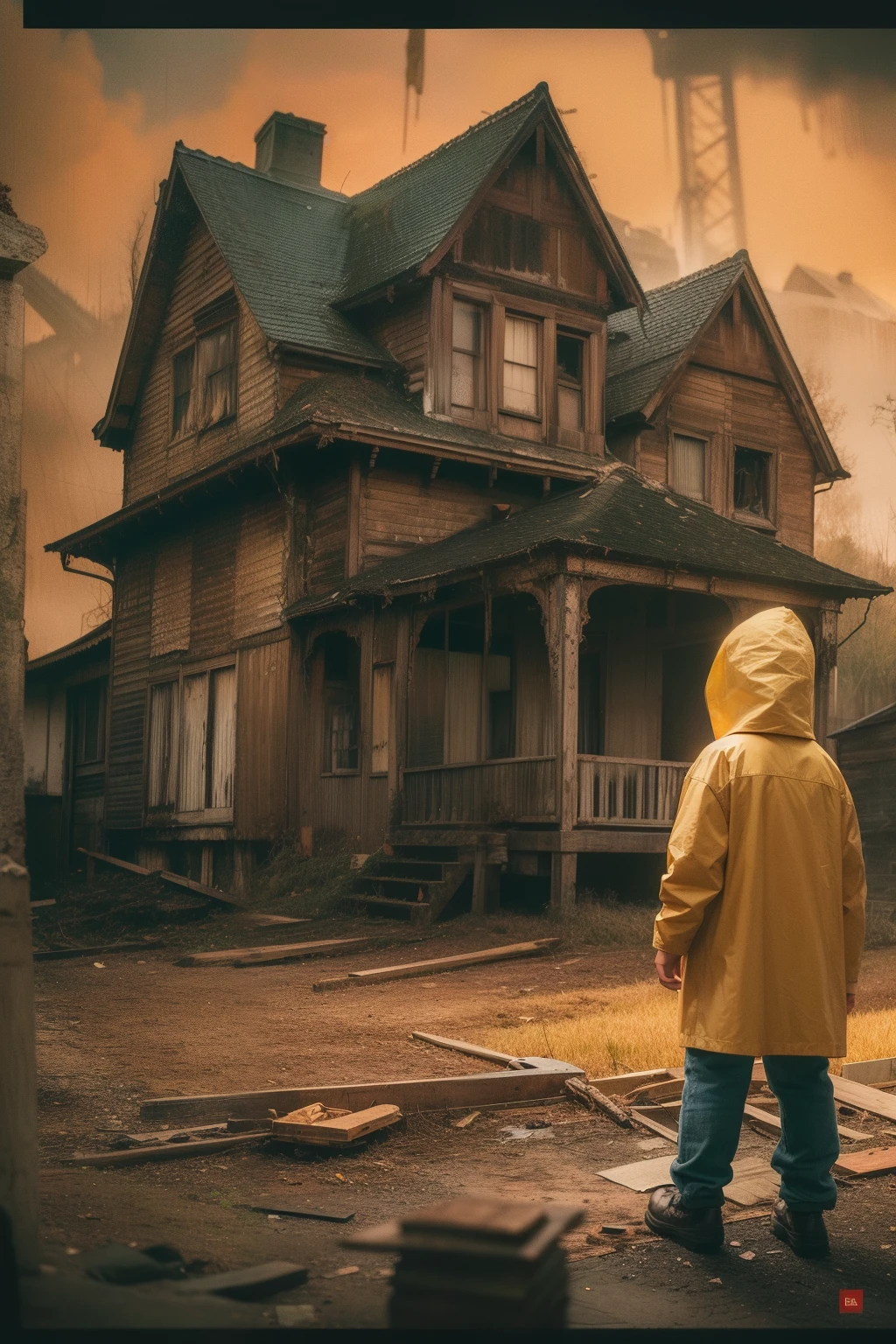 Focuses on a young boy wearing a long yellow raincoat,Facing a dilapidated horror house ,Cinematic,Realistic, Highly detailed, ultra - detailed,4K, photograph realistic, trending on artstration.