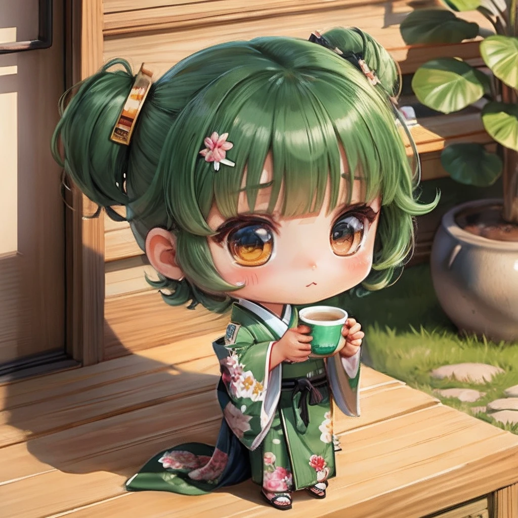 Cute chibi anime in the cup, Wear a green kimono, drinking tea, logo