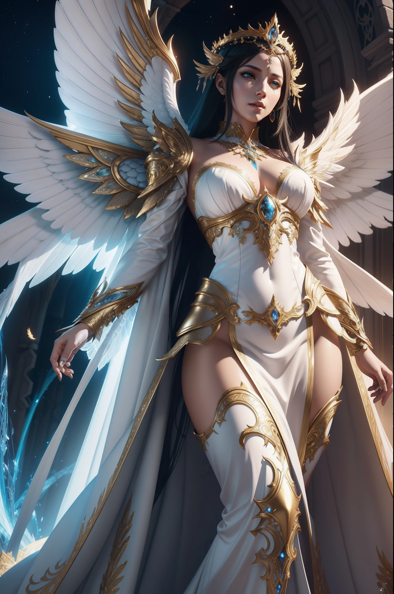 arafed woman in a white and gold costume with wings, concept art , cgsociety contest winner, fantasy art, hyperdetailed fantasy character, fantasy art behance, goddess. extremely high detail, stunning cgsociety, 3d render character art 8 k, a beautiful fantasy empress, elegant cinematic fantasy art, detailed fantasy digital art, ornate cosplay