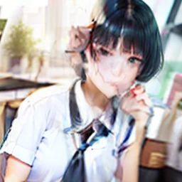 1girl, black short hair, white shirt school uniform