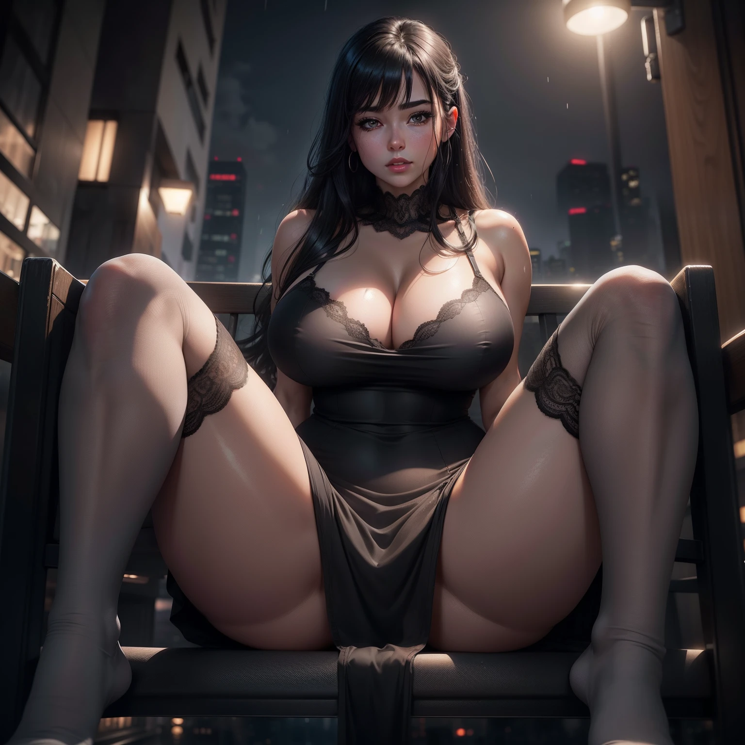 Best quality, photo realistic, night city, big breast, thick thighs, grey colour, dress, wet dress, brown eye, black hair, black full length net socks, wide spreaded legs, cleavage, sitting on banch, front view, lingerie, muscular body