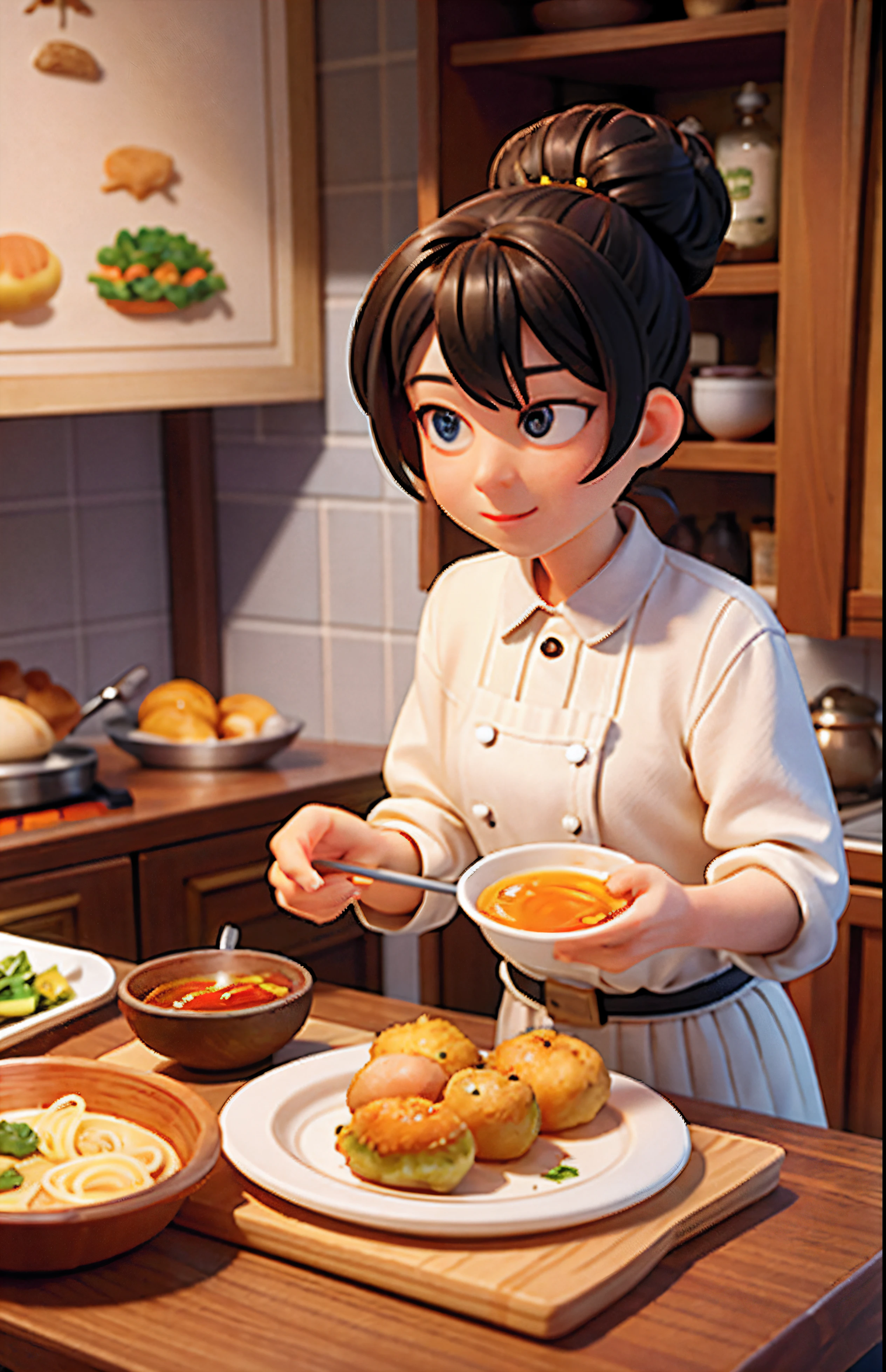 black color hair、Work board（Homemade condiments）、Sauté vegetables、Cooked meat/The fish、Seasonal snacks、Vegetable platter、Bun dumplings、Hot or cold soup（Add the half-boiled eggs、Seasoning oil、Frying bread cubes、condiments......） , Jam with bread、Braised fish、Croquettes（Verdure、Purees、Meat）、Hot noodle soup（Minutes to cook）、Stew、natural soft light、Old cutlery、Old ceramic French plate，putting on a wooden desk