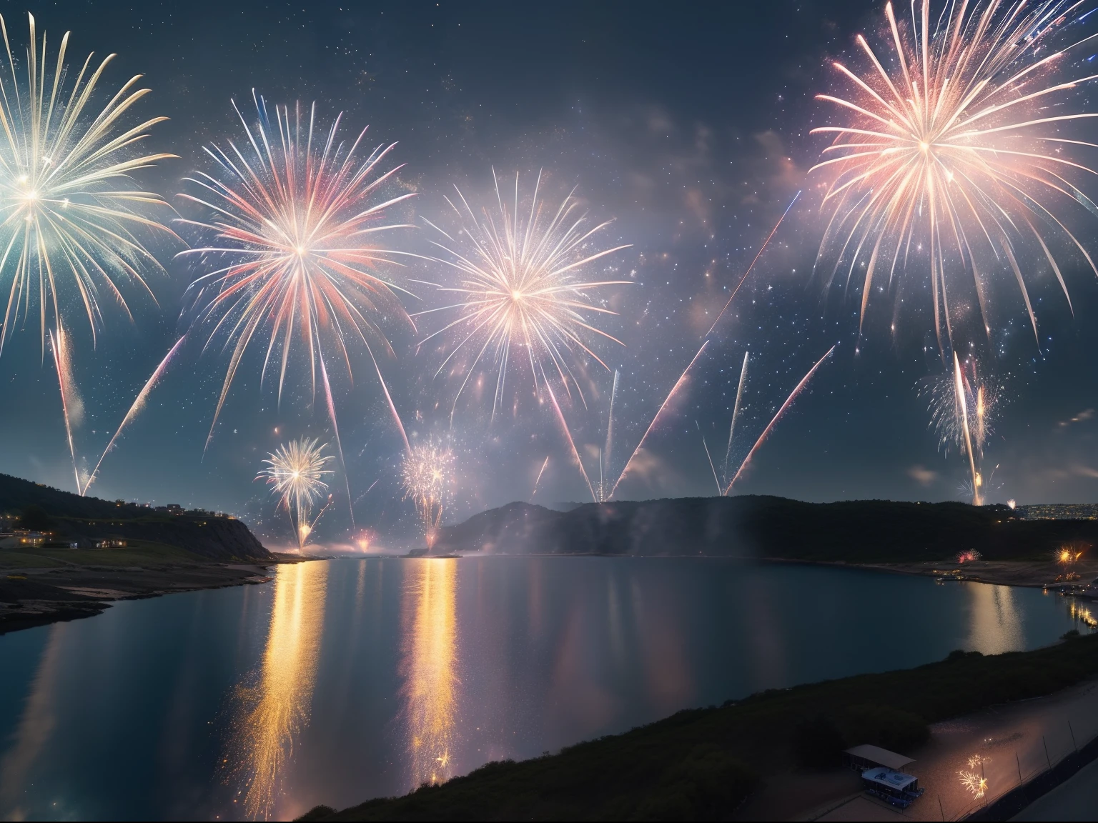 landscapes、Photorealsitic、hight resolution、high-detail、ultra wide-angle、(sparklers)、(Star Mine:1.5)、nigh sky、Above the sea、reflection、Night city in the distance、Colorful、Raw photo、summer day、(Fireworks in the night sky:1.5)、(Fireworks in the night sky:1.2)、(Exposure Compensation-2:1.2)