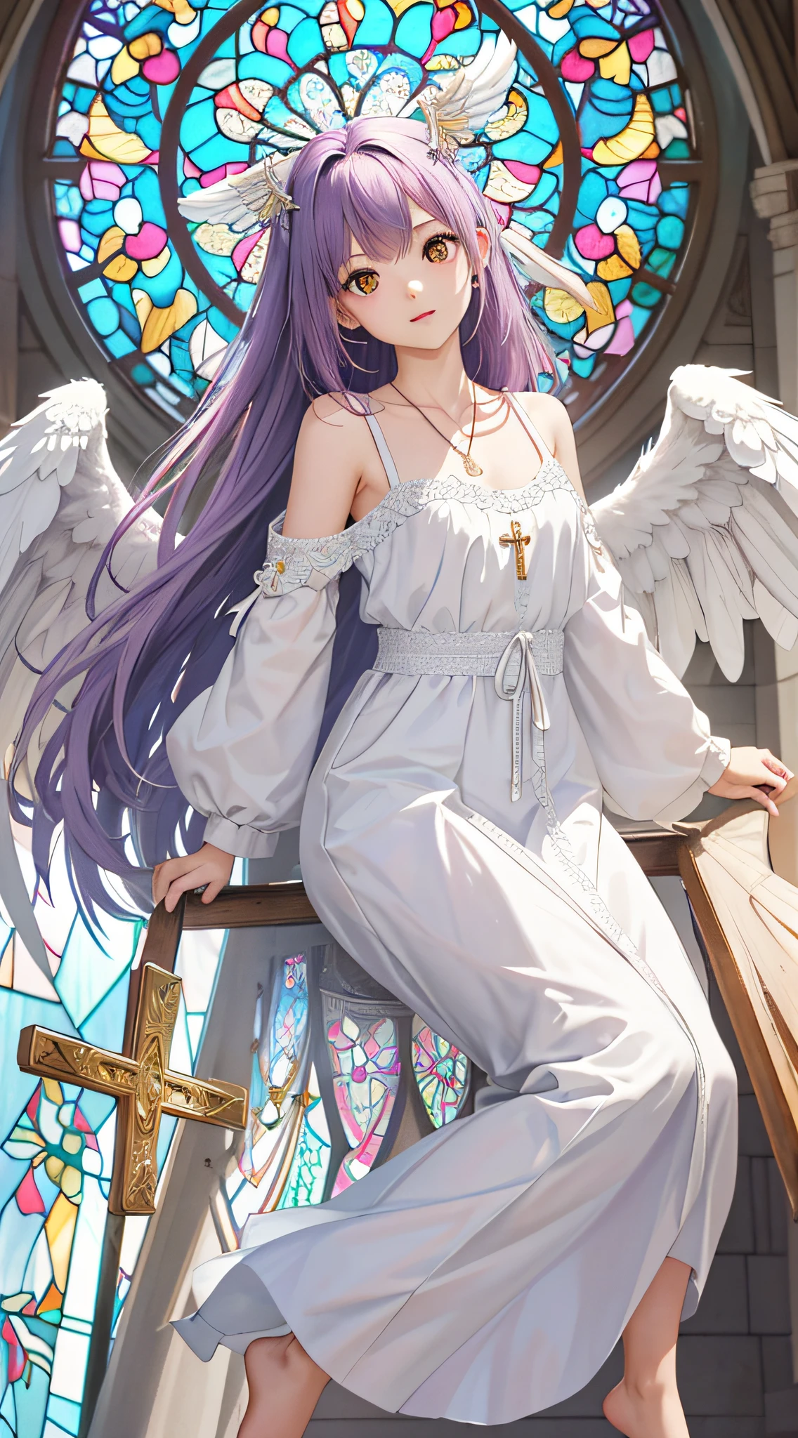 (Masterpiece, High quality, A high resolution,Highest picture quality), (Master's work),(Religious themes :1.25),The background is blurred out,Warm light,, (Colorful:0.7),(chies:1.1), (Stained window glass,Tyndall effect ,1.05), Floating white feathers, (Halo:0.95),light in face,(zentangle:1.3),(Closed eyes:0.55),eyeslashes, (1 Law:1.1),angel,Angel wings,White wings,Huge wings,Solo,鎖骨,(Crucifix:1.1) necklace,decorations,(Blush:0.6), (ahoge:1), (Makeup:0.5), Small breasts, (Head tilt:0.75),White dress,See-through, Floating in the air, Graceful,Noble, Barefoot, Bare shoulders, Shiny skin, Shiny hair,Long hair, Peaceful,(Bright pupils:1.1), Yellow eyes, Purple hair, Floating hair,Cold face,Full body photo