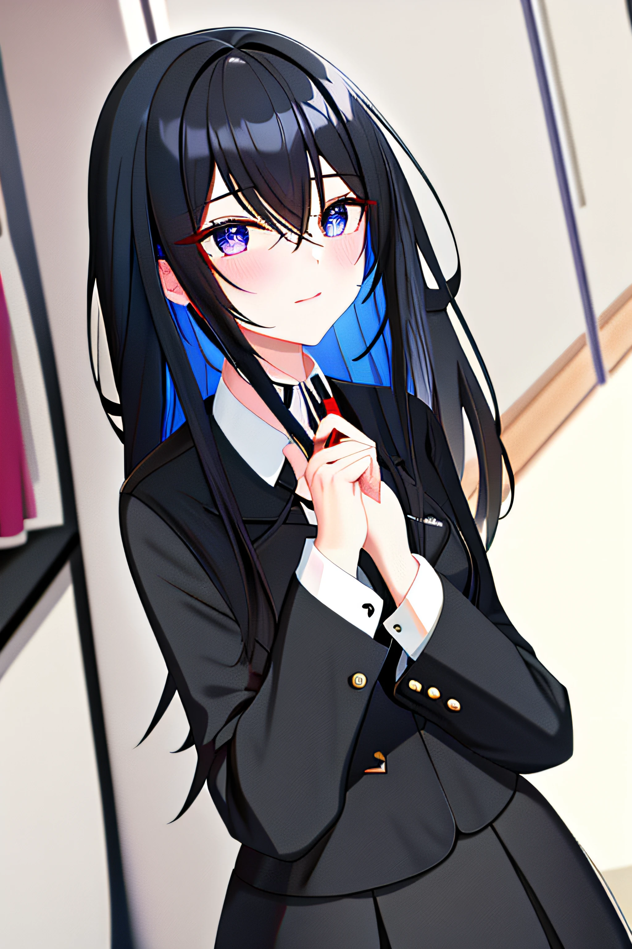 Black long-haired woman Blue pupils Professional clothes love consummation.