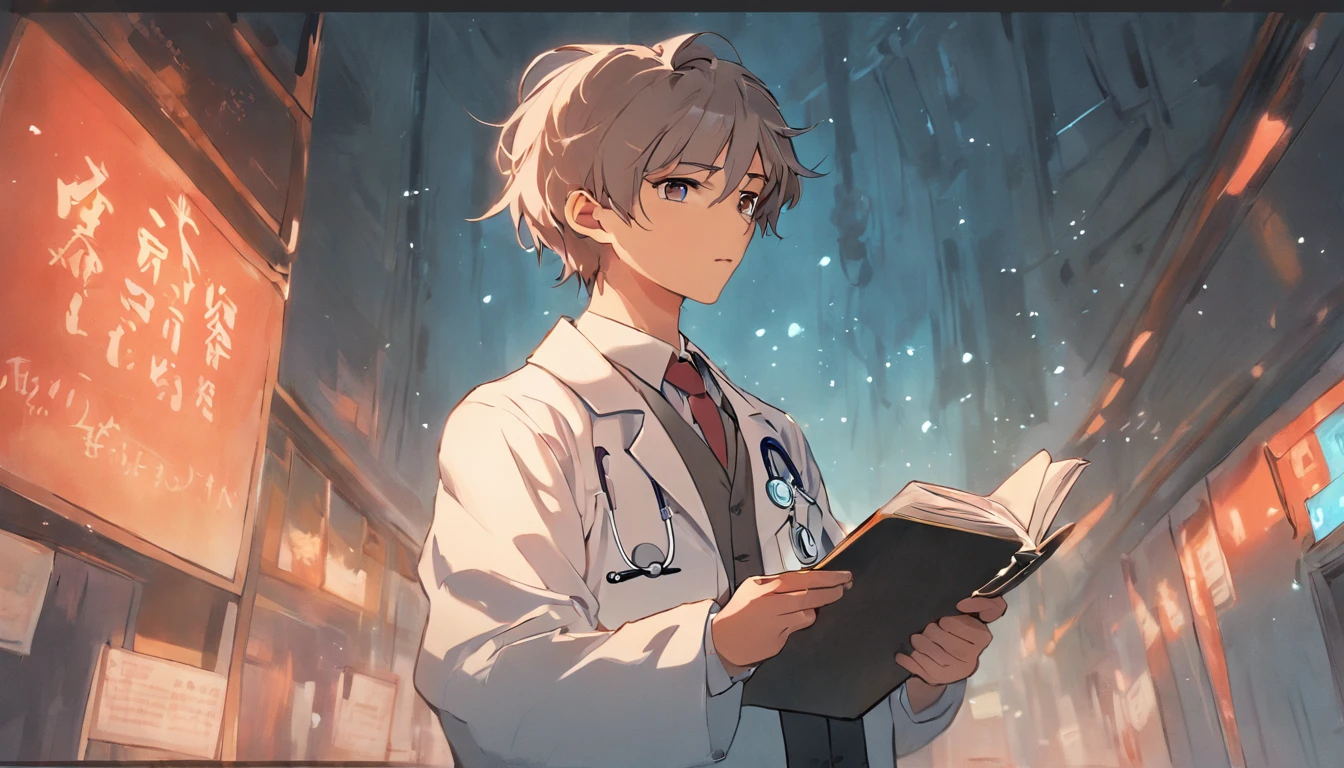 TCM doctor holding clipboard and cartoon drawing of clipboard, (doctor), doctor, With a lab coat, Wearing an oriental elements lab coat, the doctor, High-quality fanart, the doctor, skinny male fantasy scientist, Wearing a lab coat,, wearing a lab coat, Professional character design, wearing lab coat and a blouse