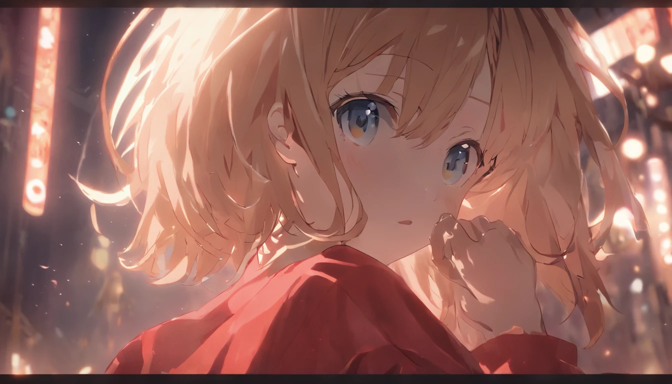 cinematic quality。By Shinkai Makoto。Kyoto Animation。short detailed hair。depth of fields,Highlight,Real Light,Ray traching,OC rendering,Ultra photo realsisim,best qualtiy。Master the technology,Detailed anatomy of the human body,sharp focus on eyes,Detailed depiction of facial features,bokeh effects。Sit in a restaurant with a cocktail glass at night、Cute girl with long golden hair in red dress。夏天。By Shinkai Makoto。Kyoto Animation。Feminine。longshot