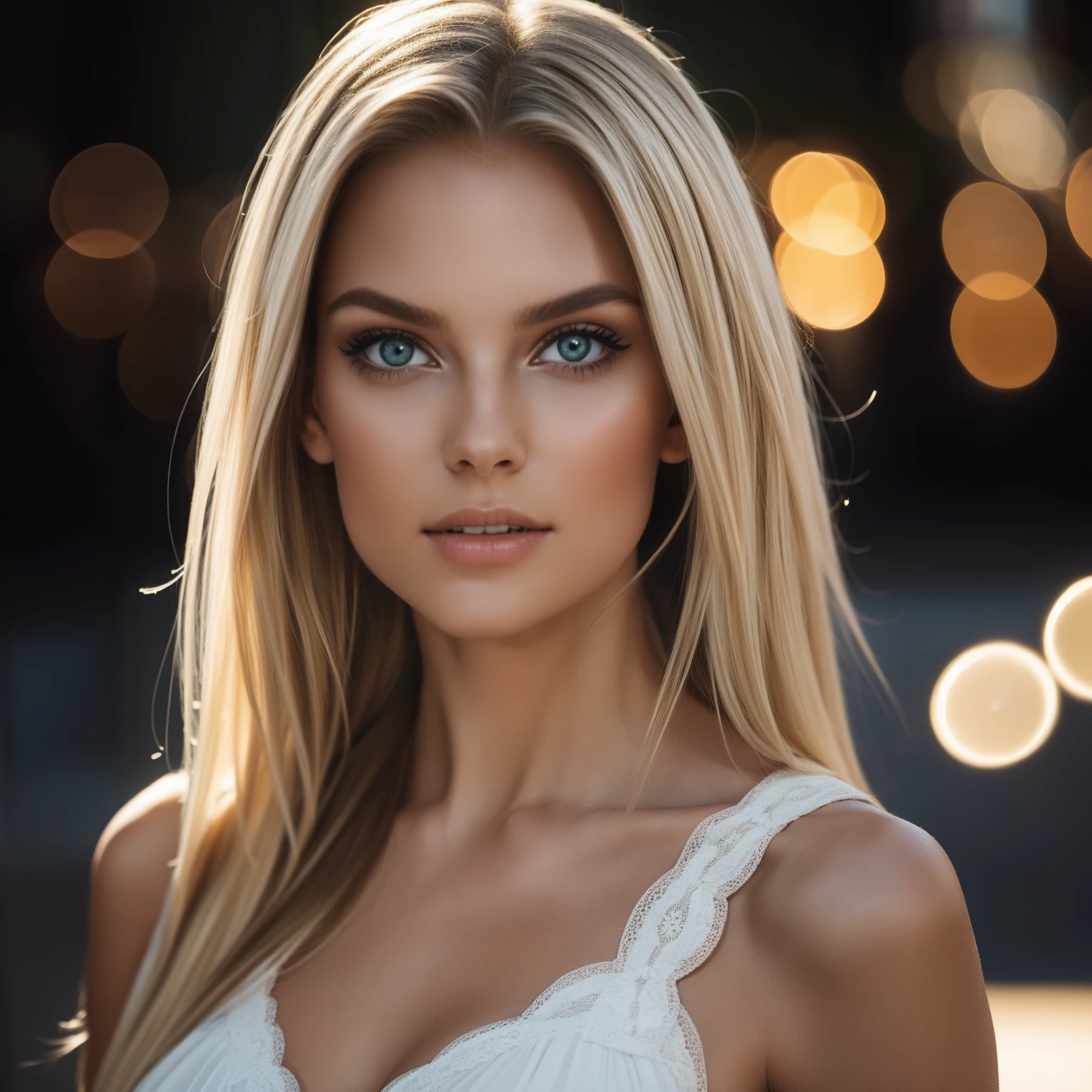 Front bodyshot of a 25-year-old European woman, Auf die Kamera zeigen, blondes Haar, ernst, (Erstaunliche Hautdetails: 1.4), (natural skin: 1.2), (poren: 0.6), Schminke, (Detaillierte Augen: 1.2), green background, Studio, Lichter Rand, (bokeh: 1.2), Fotografie, filmisch, fotorealistisch, Ultrarealistisch, fit girl, Hautenges Kleid, Perfekte Figur